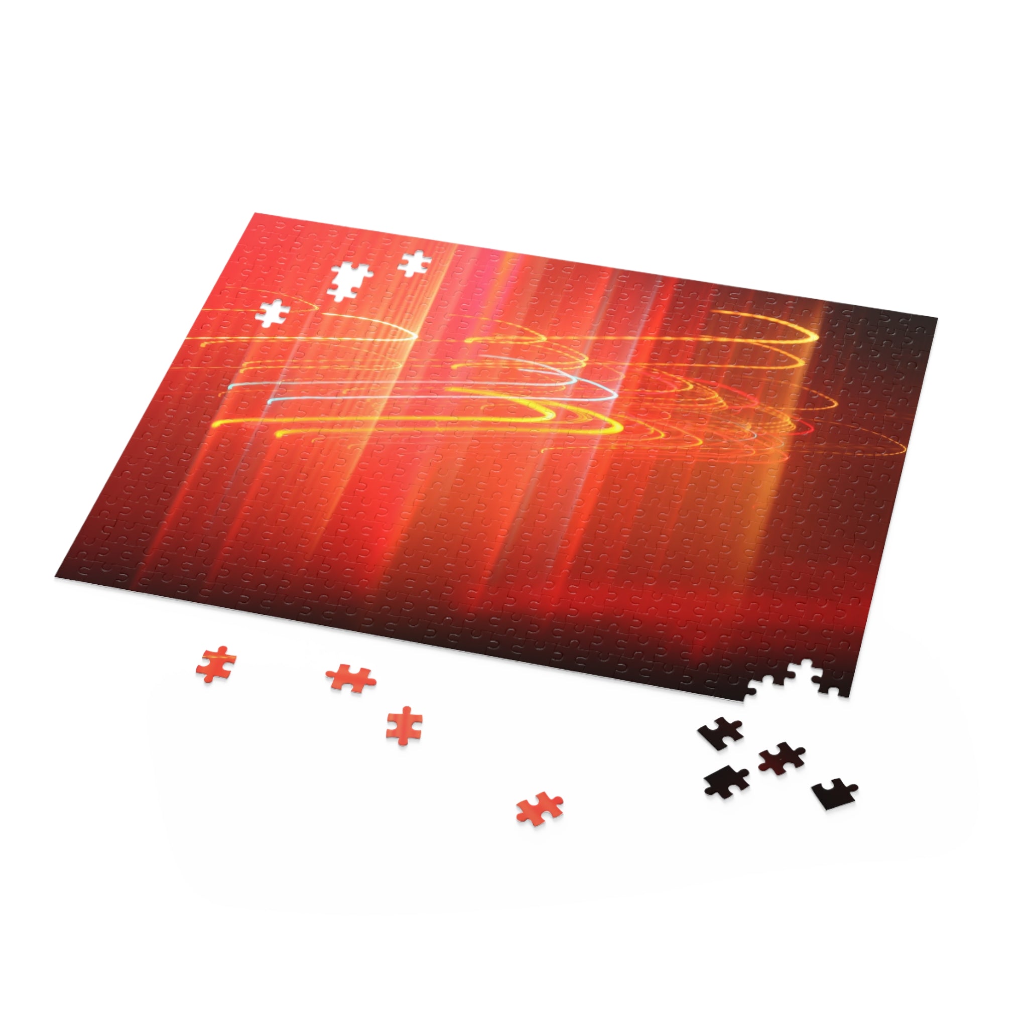Jigsaw puzzle with a red and orange abstract design on a white background