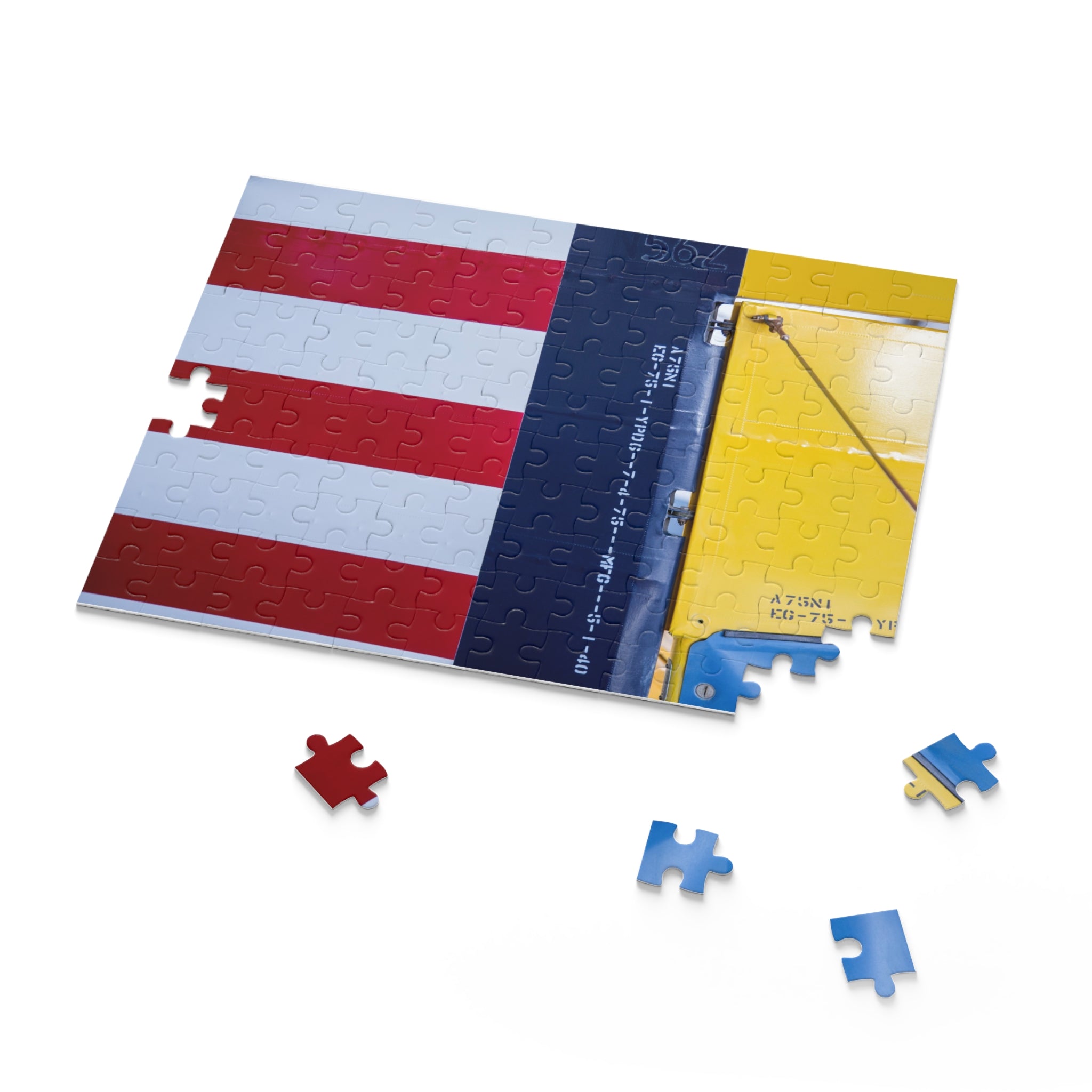 Puzzle with American flag design and scattered pieces on a white background