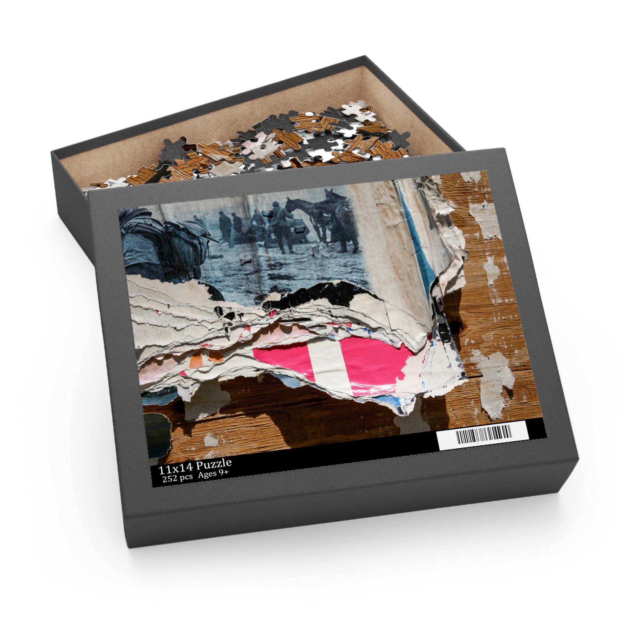 Jigsaw puzzle in a box with a collage design on the cover