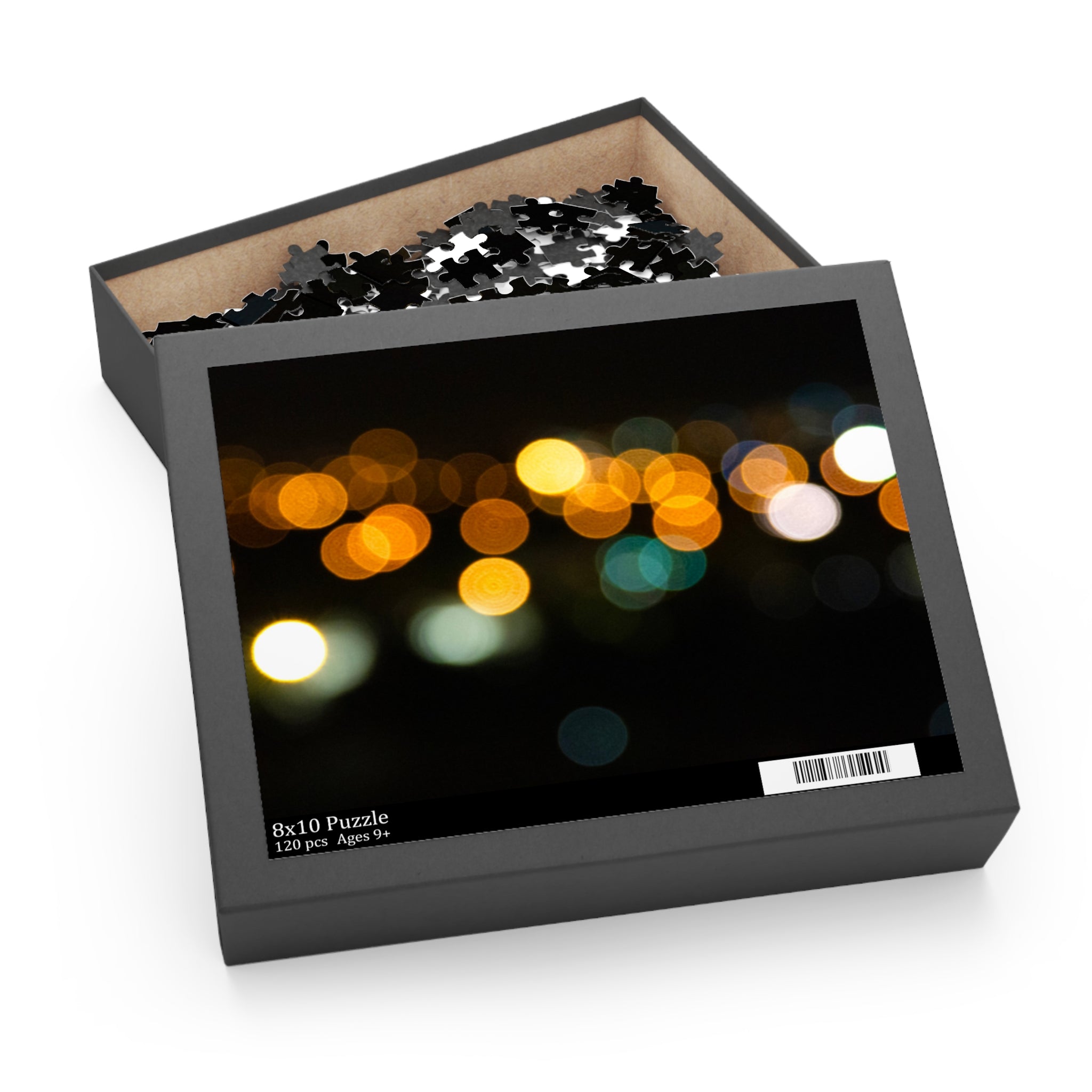 Jigsaw puzzle box with a blurred lights design on the cover