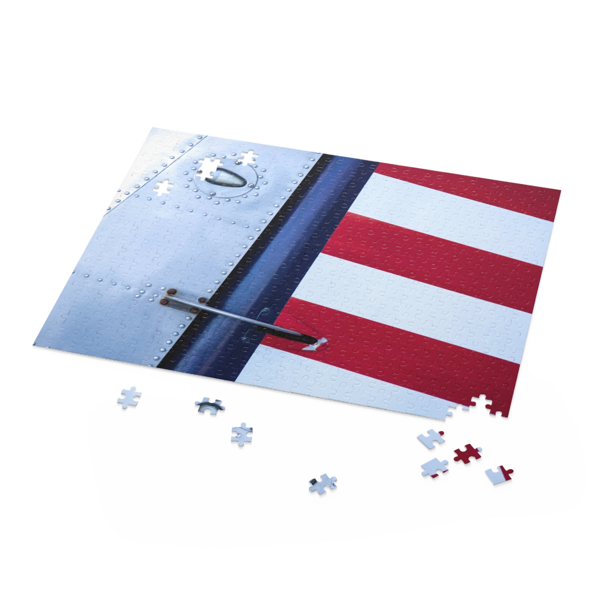 Jigsaw puzzle with American flag design on a white background