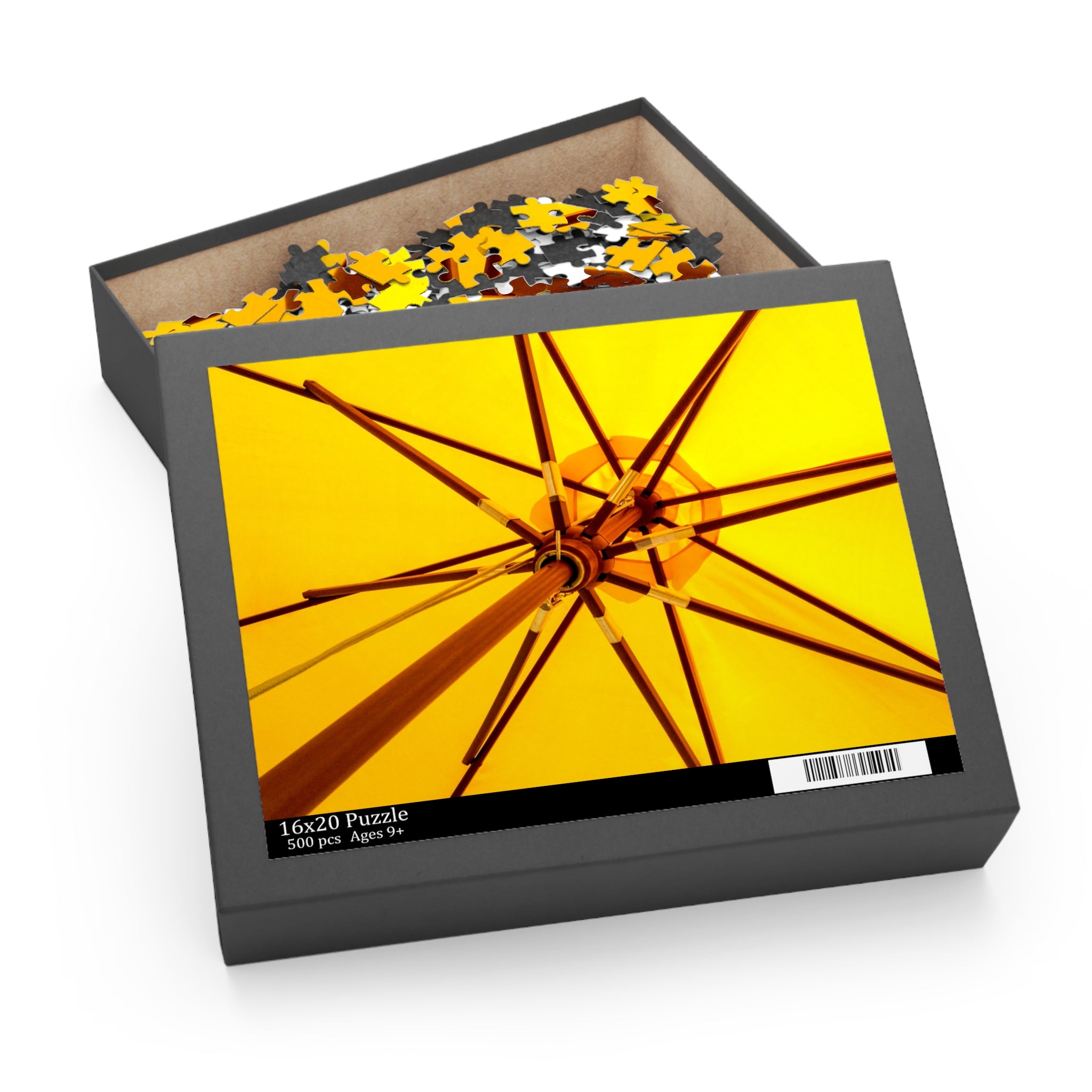 Puzzle box with a yellow umbrella design on the cover