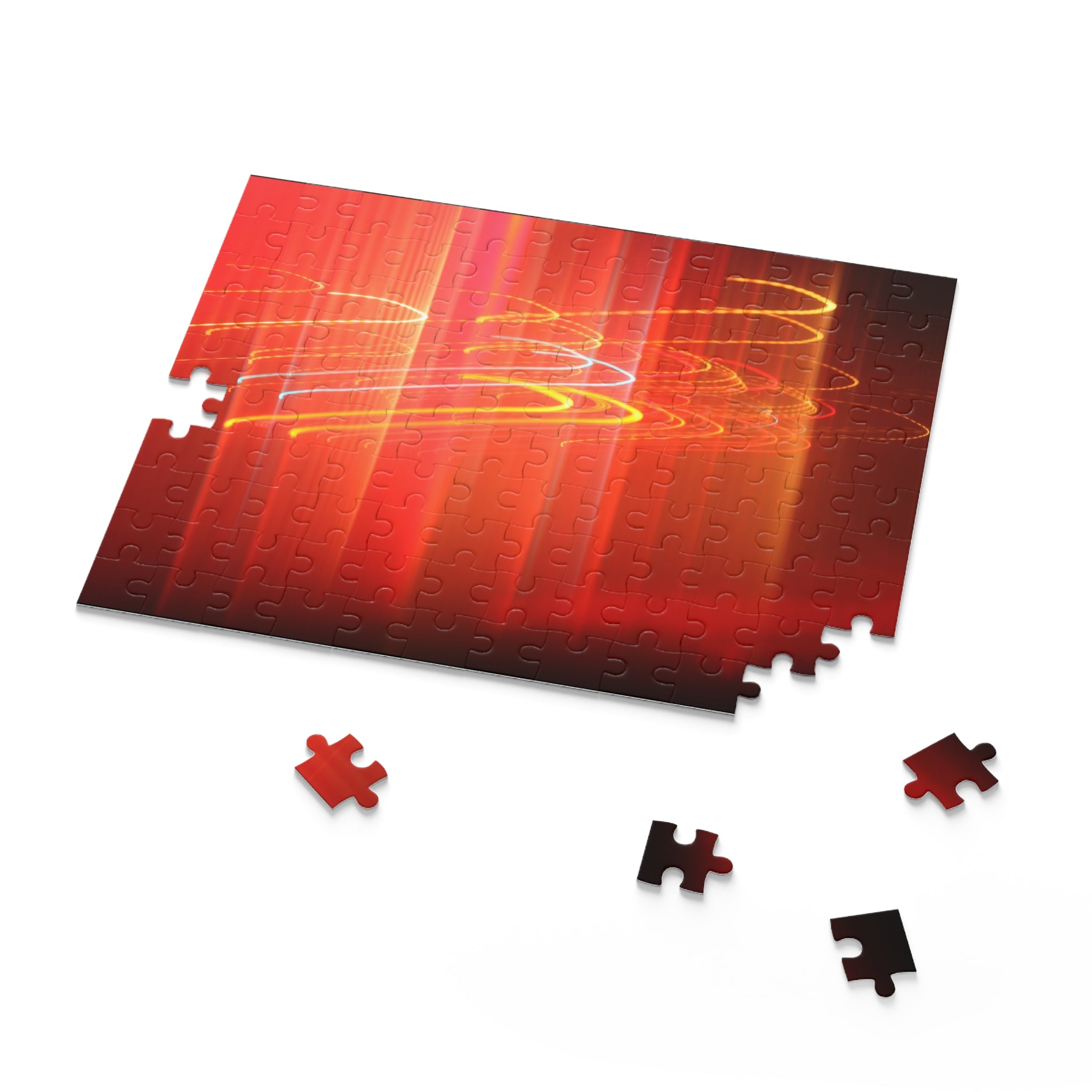 Jigsaw puzzle with a red and orange abstract design on a white background