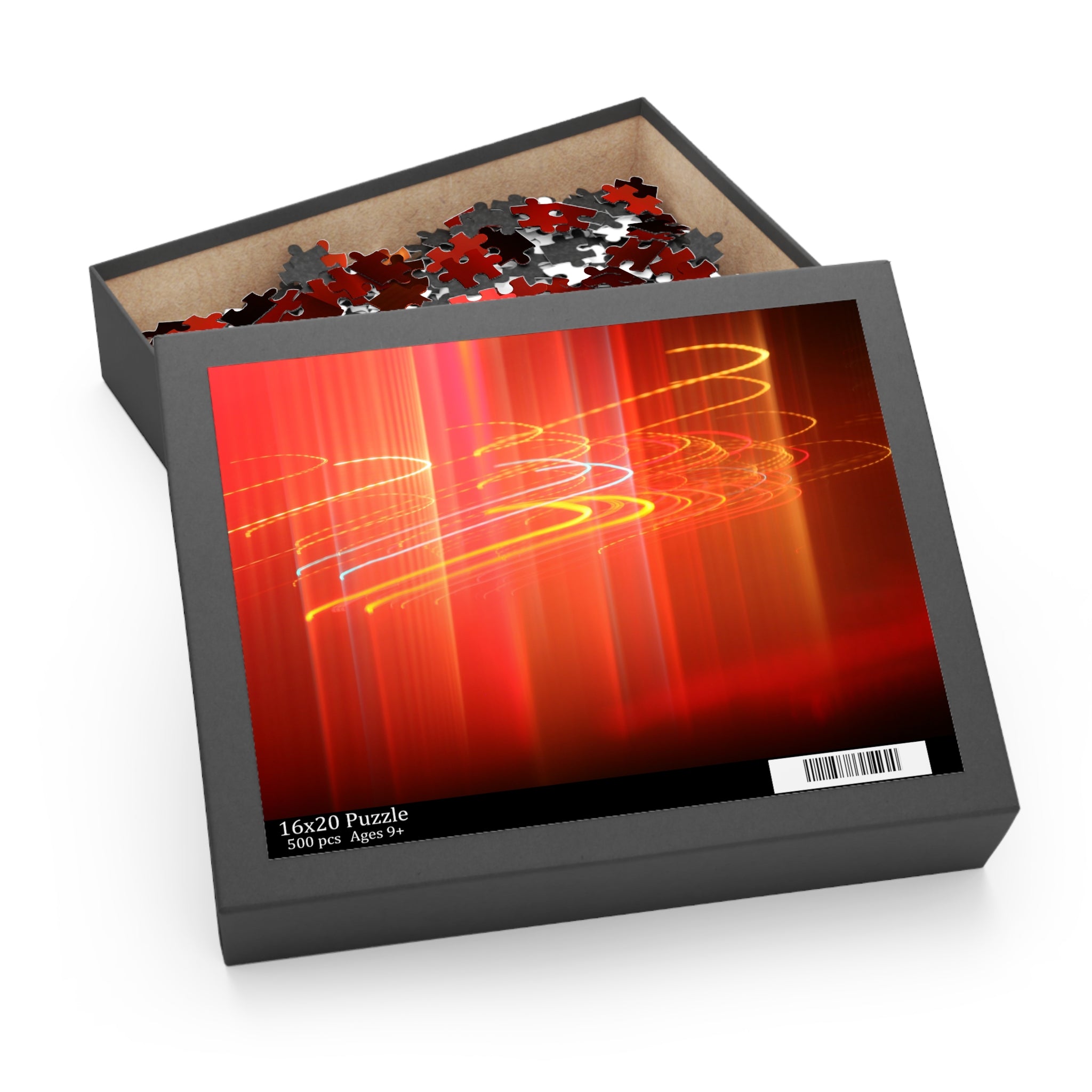 Jigsaw puzzle box with a colorful puzzle inside on a white background