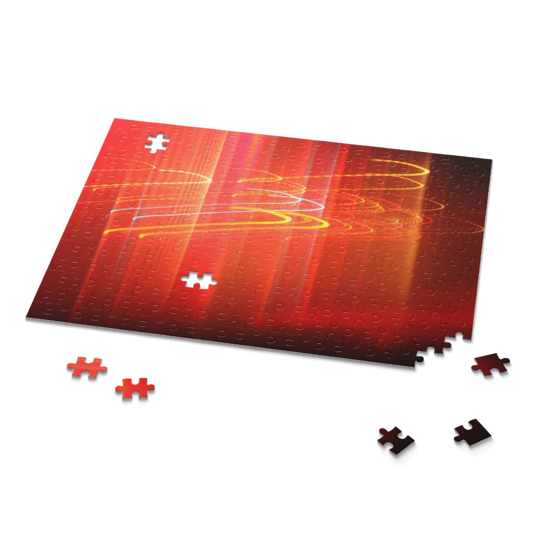 Jigsaw puzzle with a red and orange abstract design on a white background