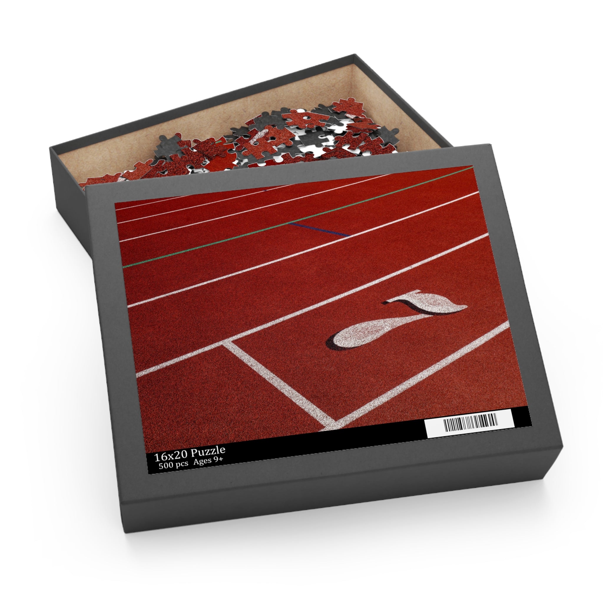 Puzzle box with a red and white design on the lid, containing a puzzle inside.