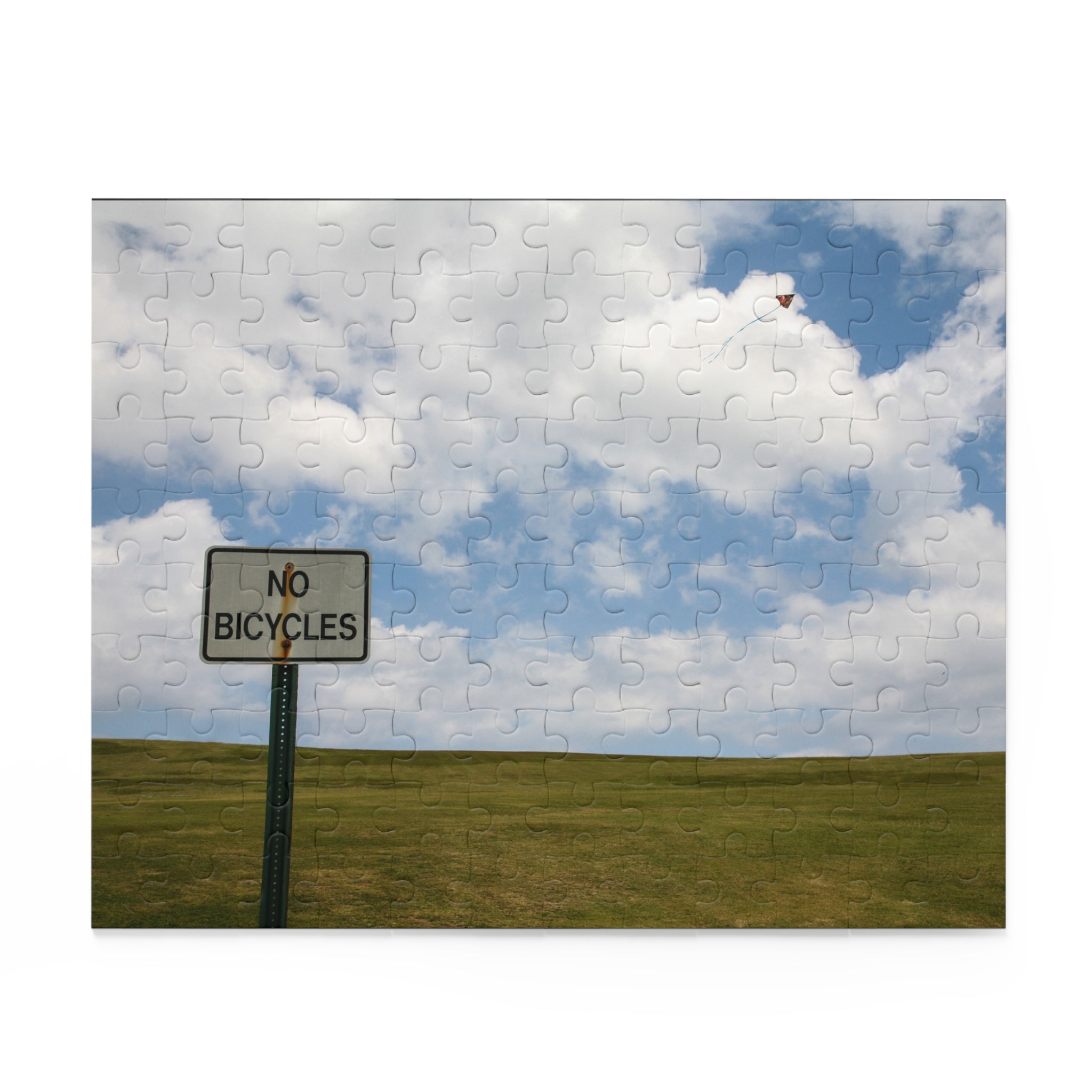Jigsaw puzzle with a 'No Bicycles' sign against a blue sky and green field background.