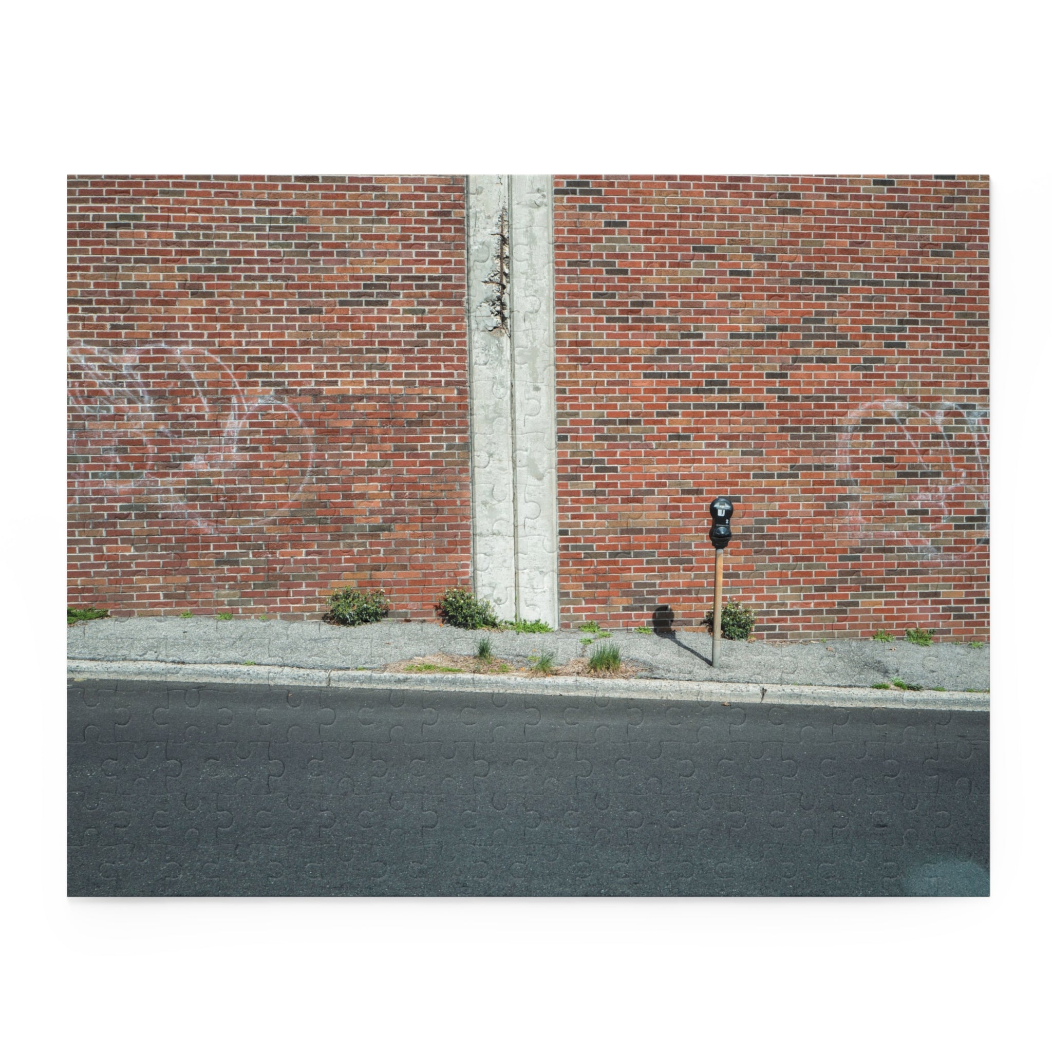 Brick wall with graffiti and a parking meter on a street corner.