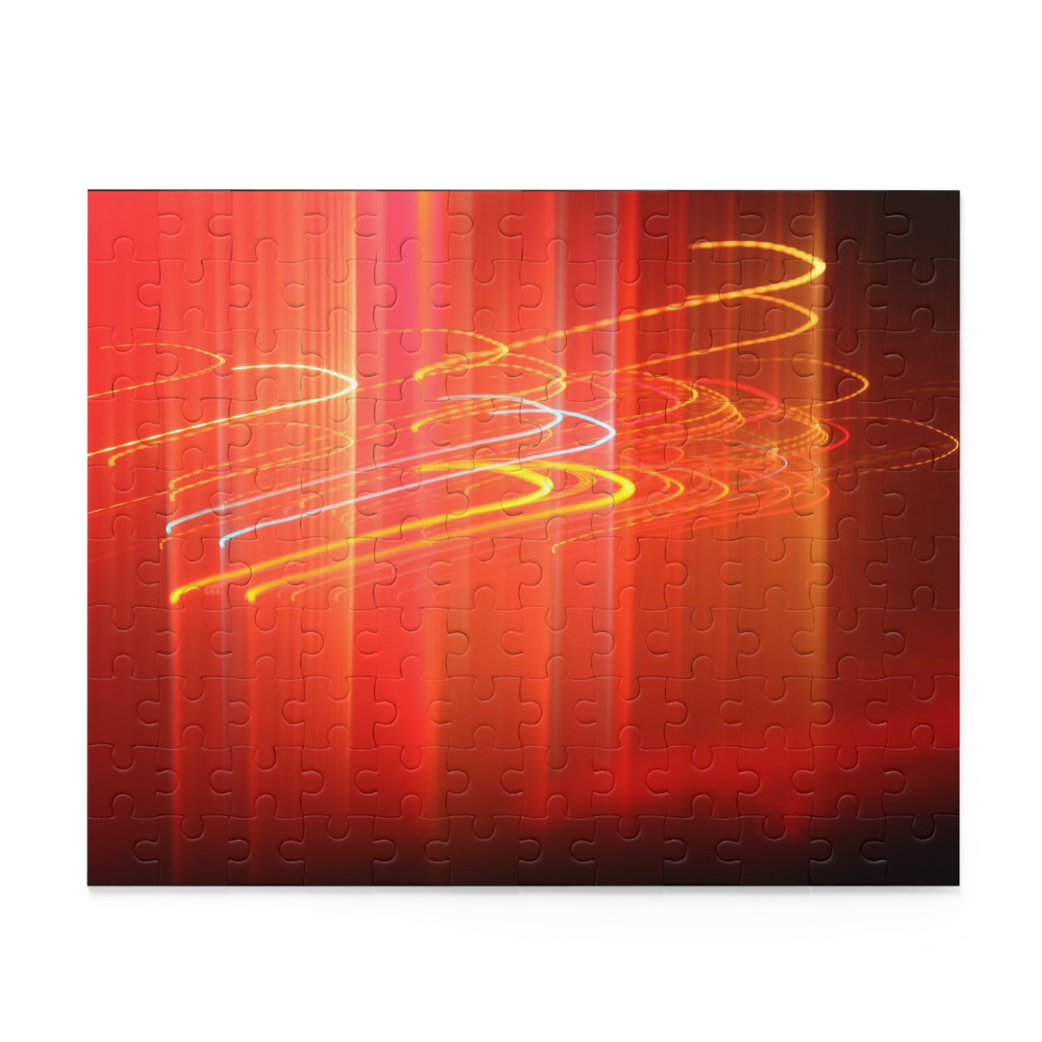 Jigsaw puzzle with a red and orange abstract design on a white background