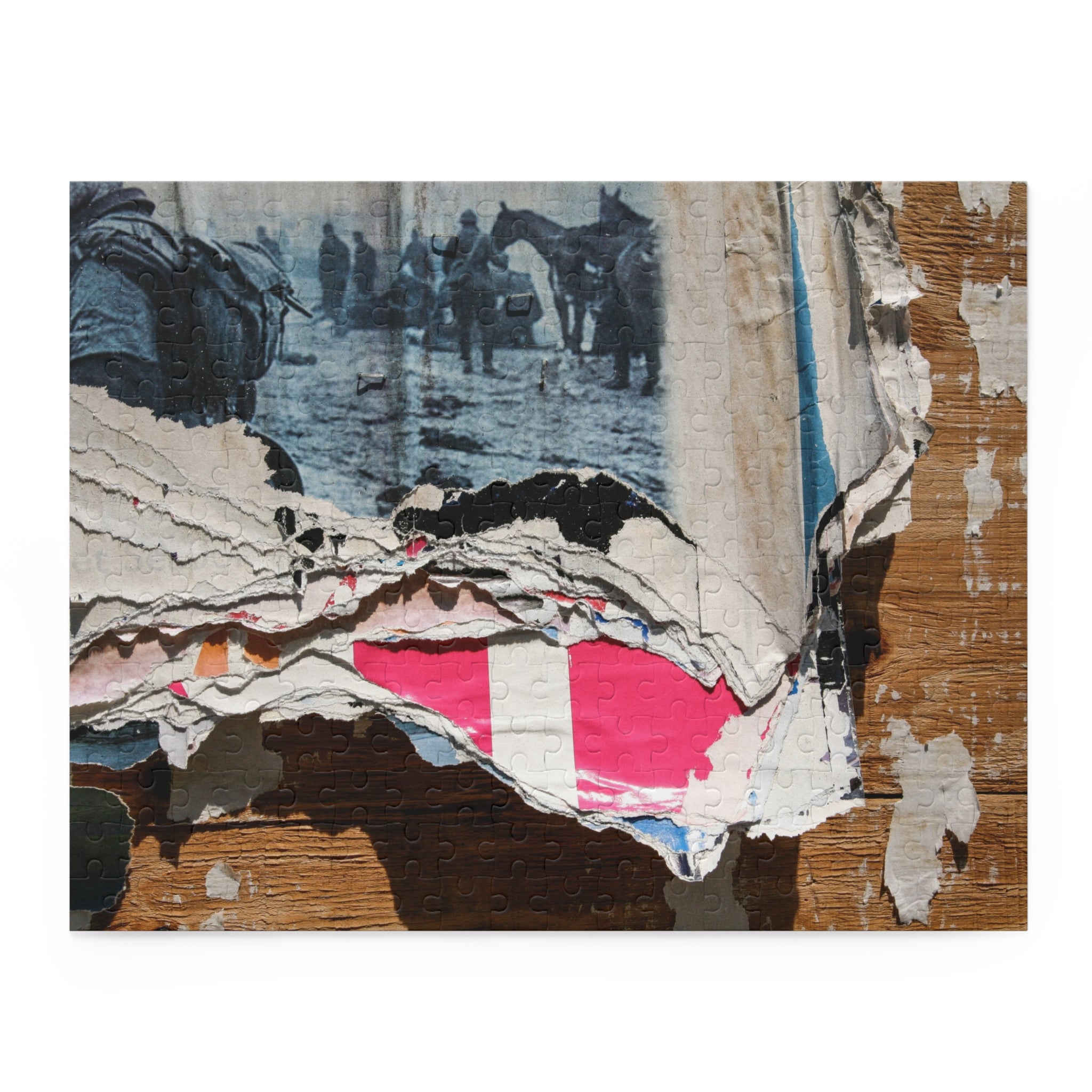 Collage art with torn paper pieces on a textured surface