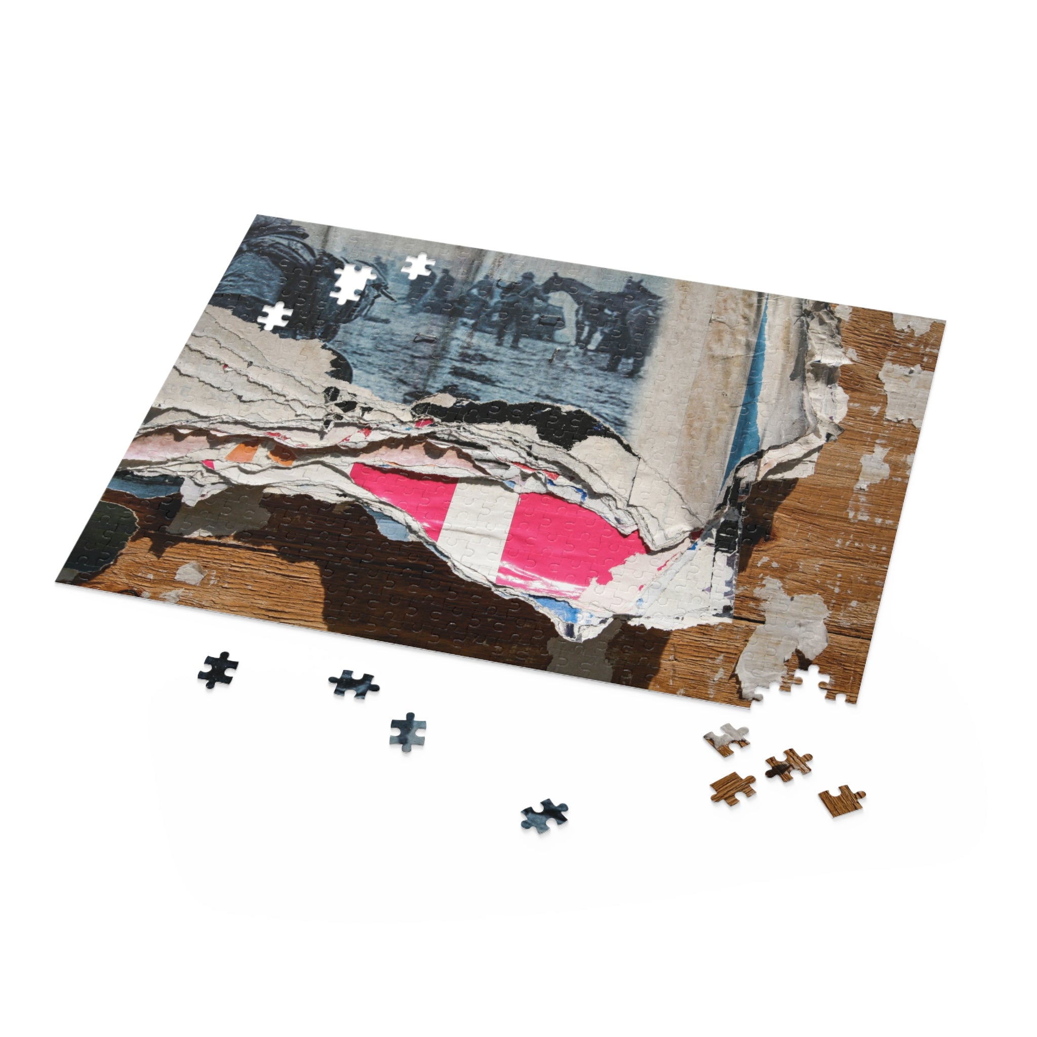 Partial puzzle with missing pieces on a wooden board