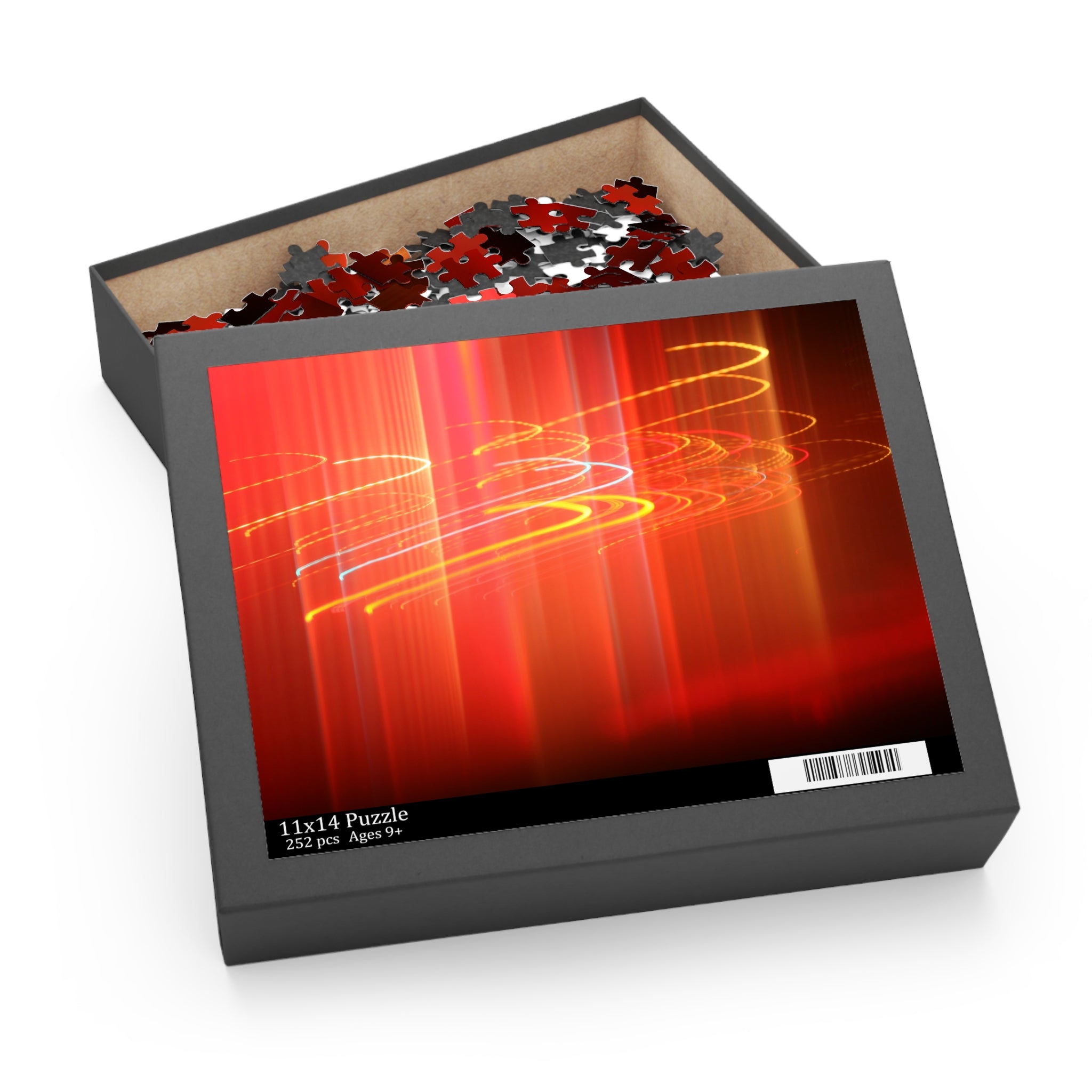 Jigsaw puzzle box with a colorful puzzle inside on a white background