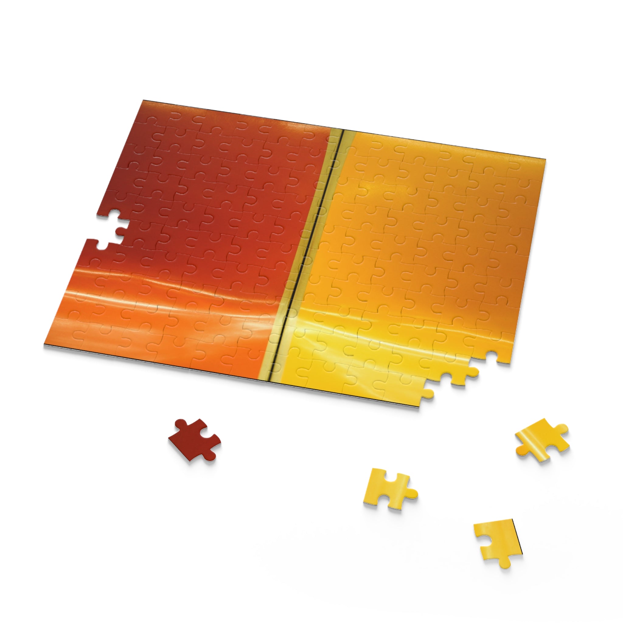 Two interlocking puzzle mats in red and yellow with scattered pieces on a white background