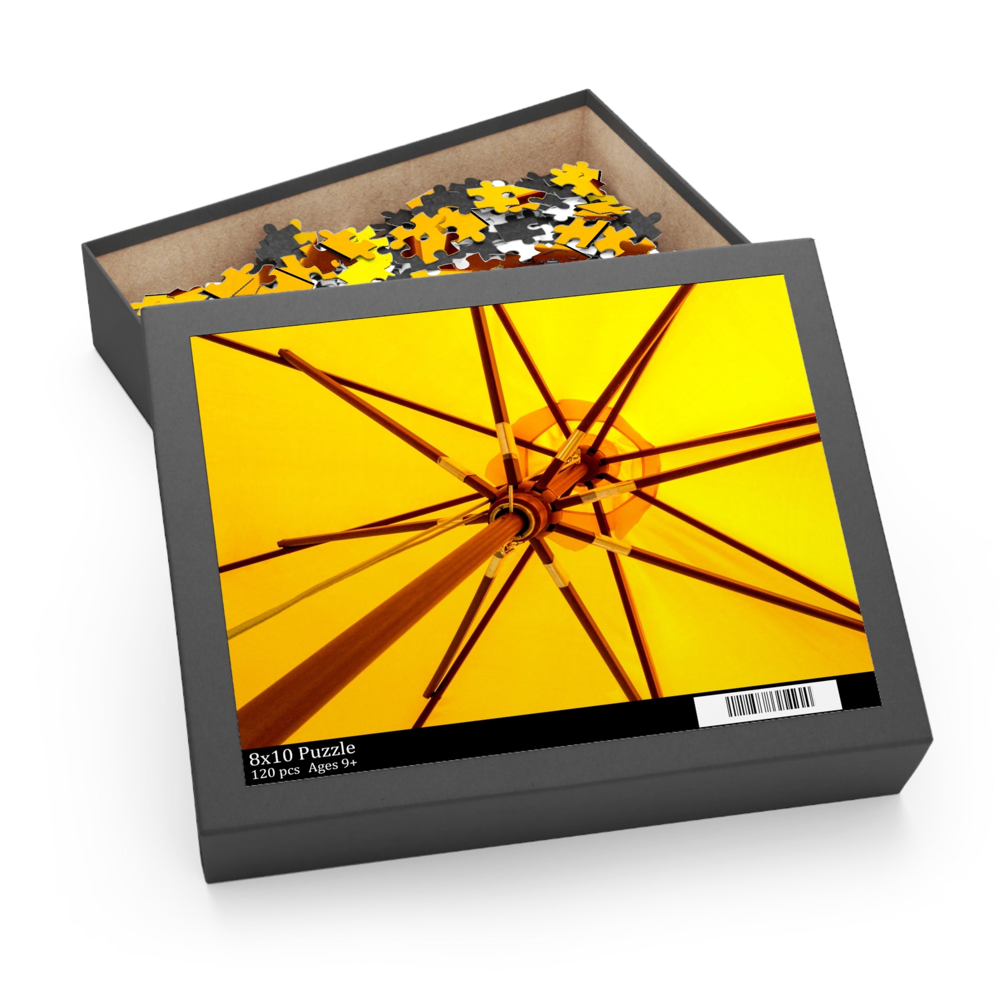 Puzzle box with a yellow and black puzzle inside on a white background