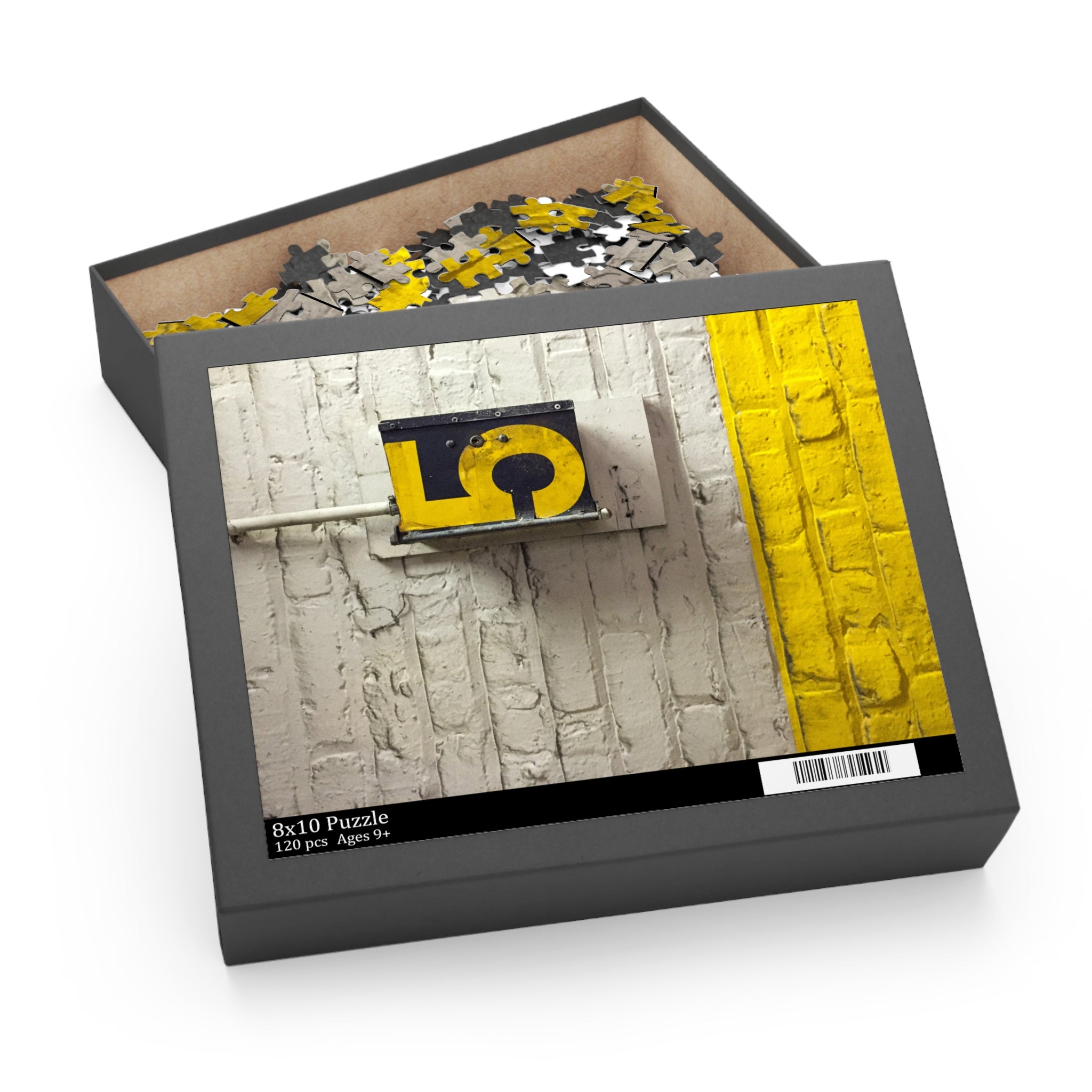 Puzzle box with a puzzle piece featuring a lock design on a textured surface.