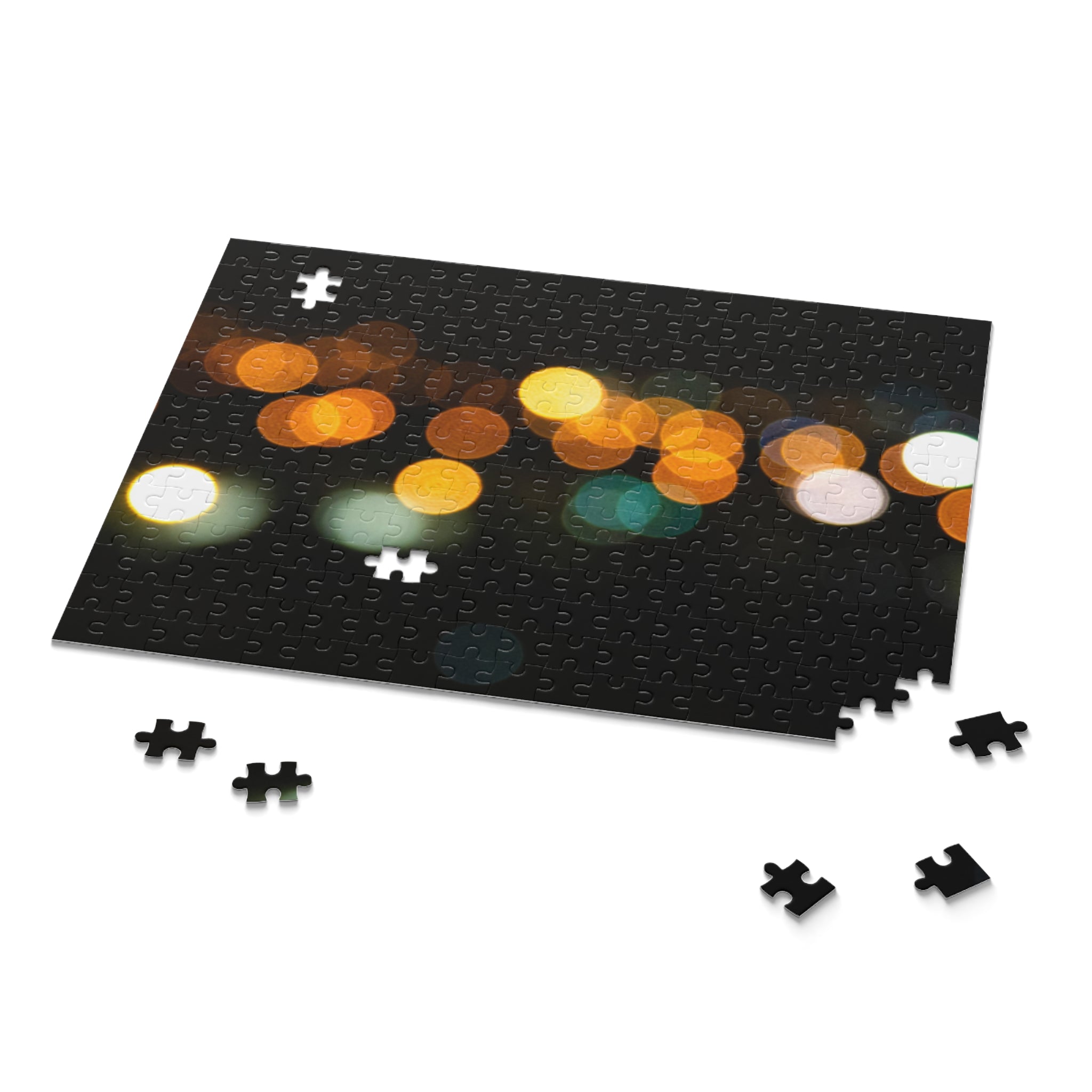 Jigsaw puzzle with blurred lights design on a white background