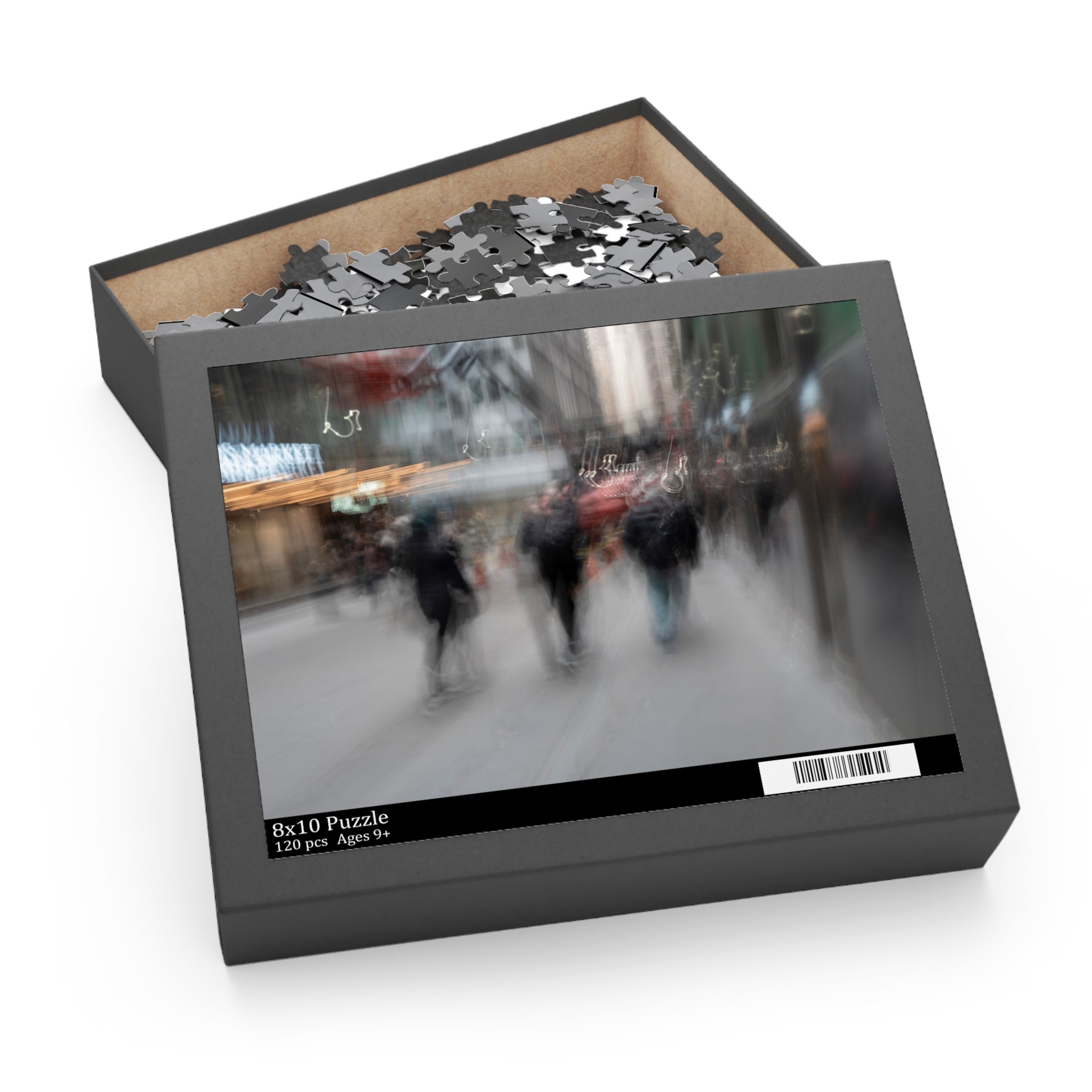 Puzzle box with a blurred street scene image on the cover