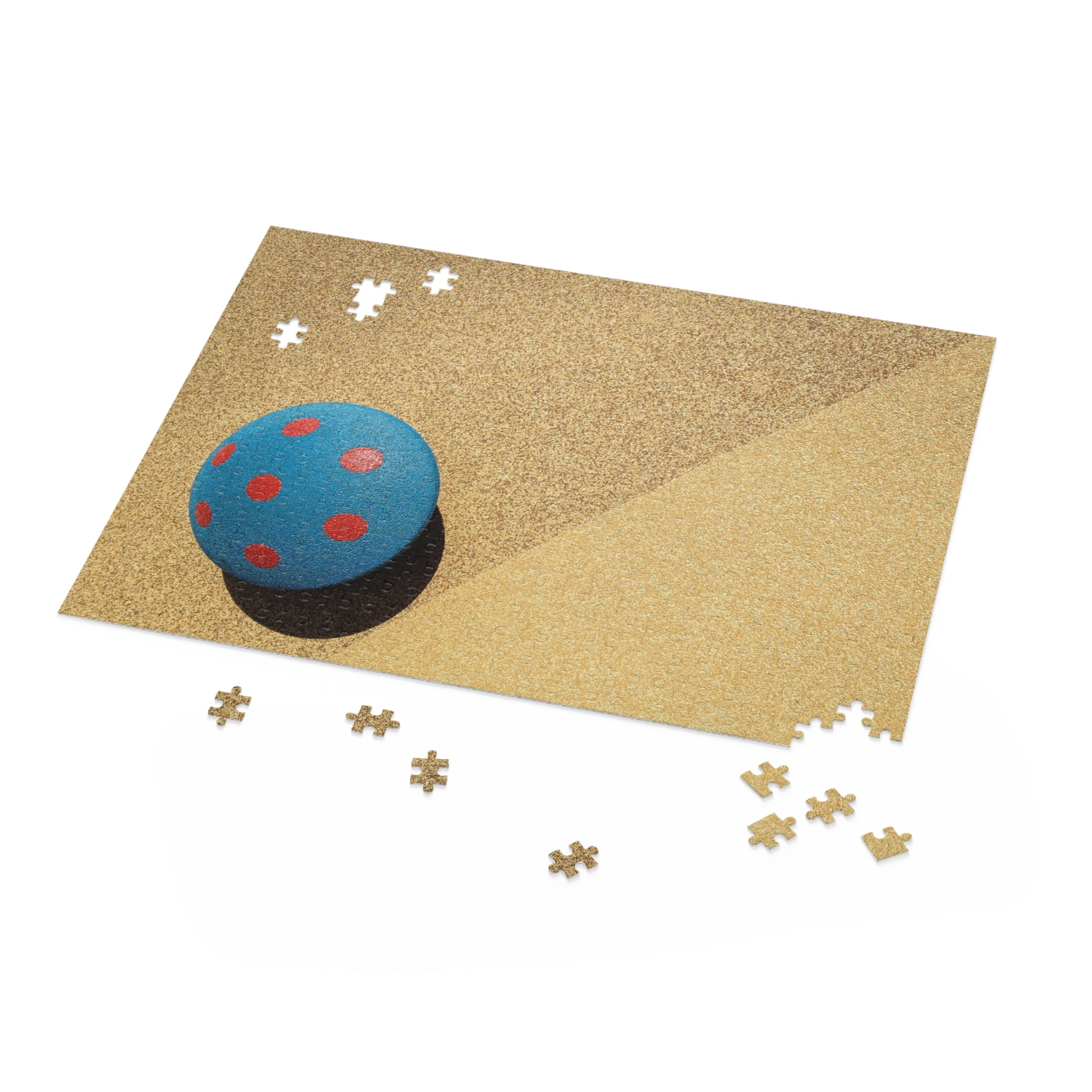 Jigsaw puzzle with a blue and red object on a corkboard