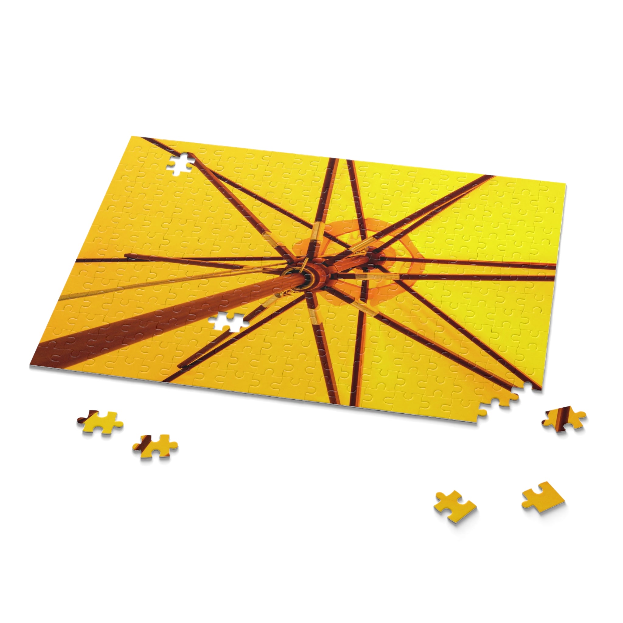 Jigsaw puzzle with a yellow and brown design on a white background