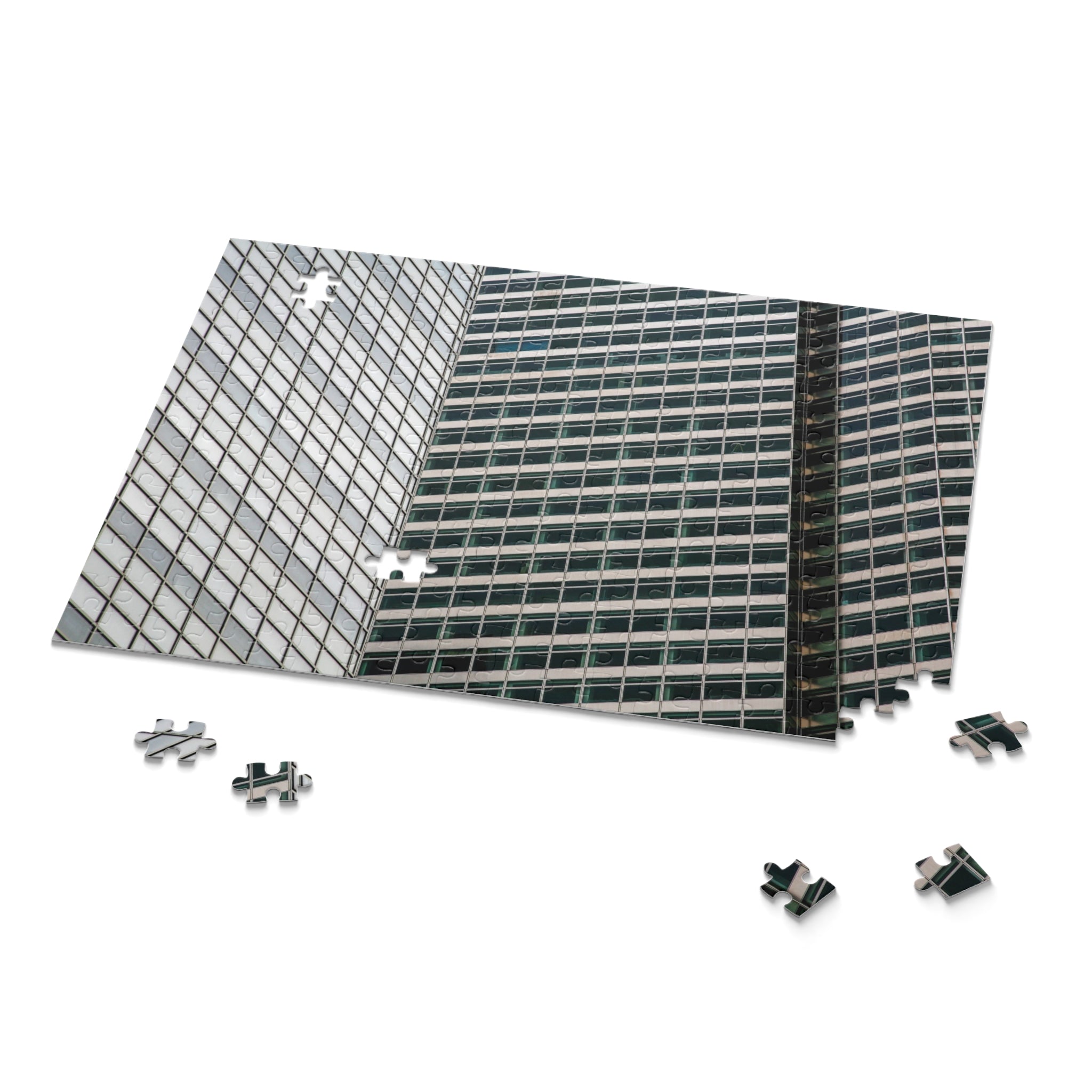 Mosaic tile with a cityscape design on a white background