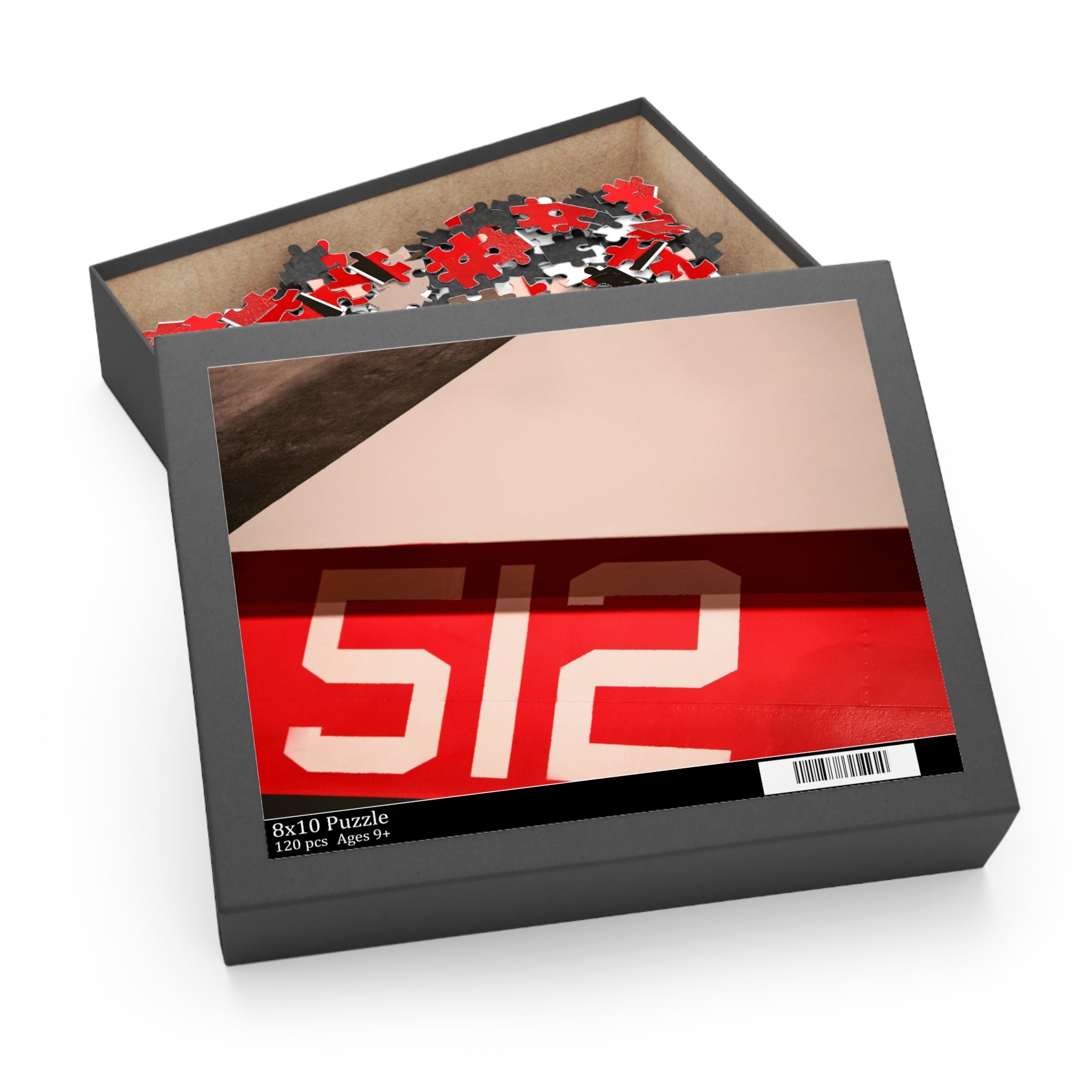 Puzzle box with a red and white logo on a white background