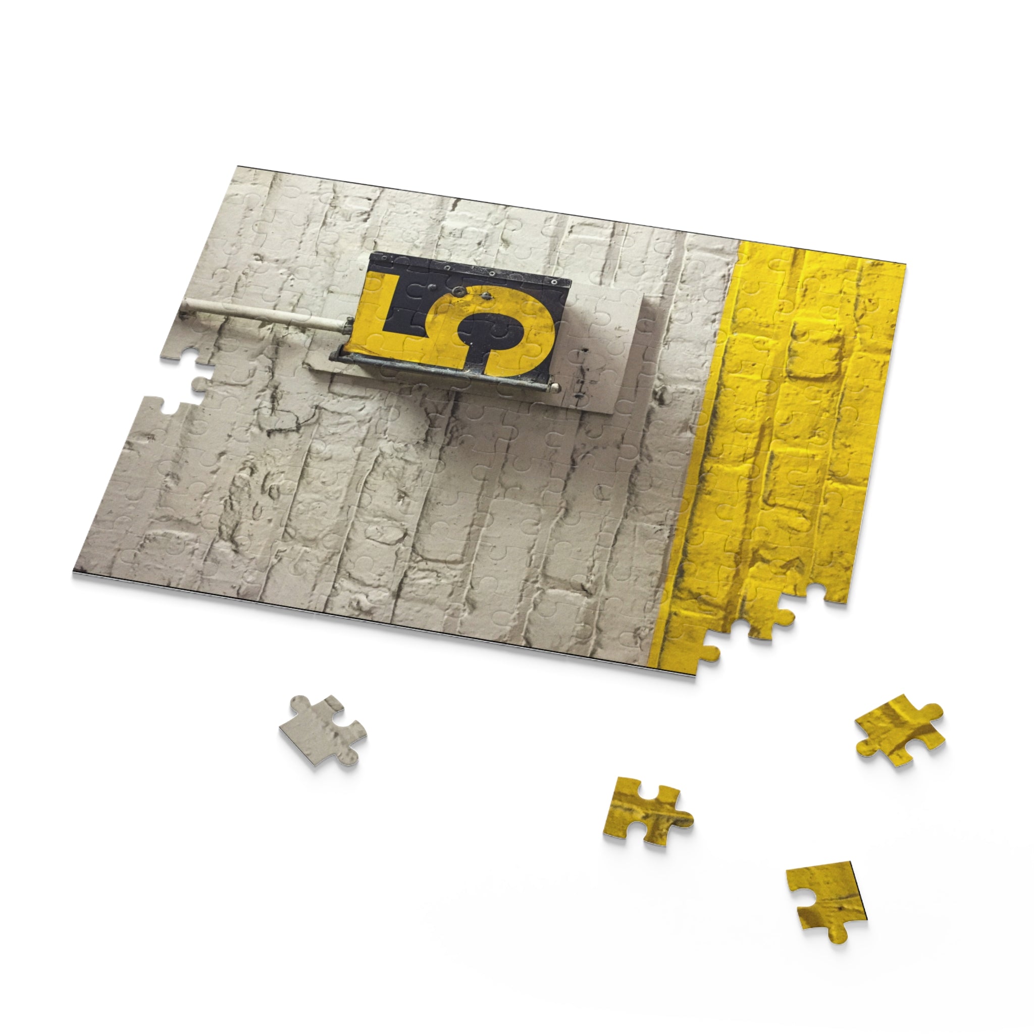 Jigsaw puzzle with a street sign design on a white background