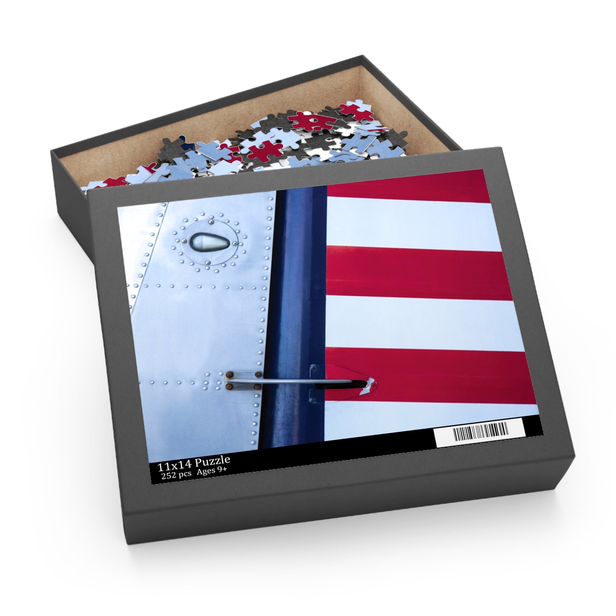 Jigsaw puzzle in a box with an American flag design on the lid