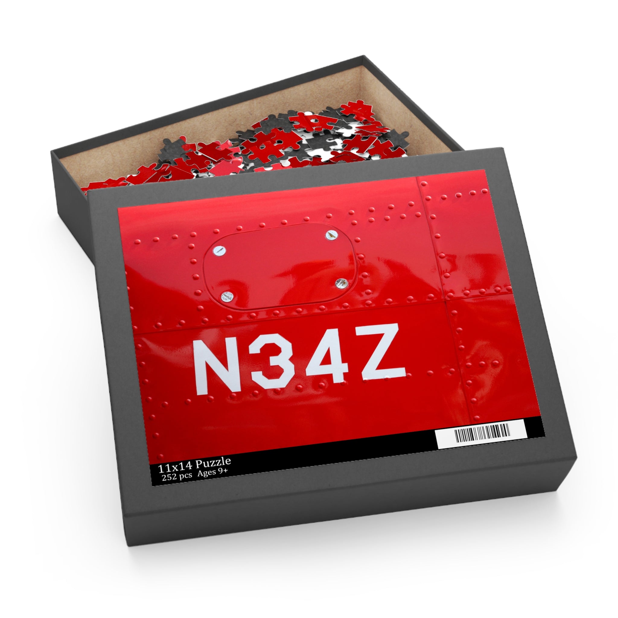 Puzzle box with red airplane design and 'N34Z' branding on a white background