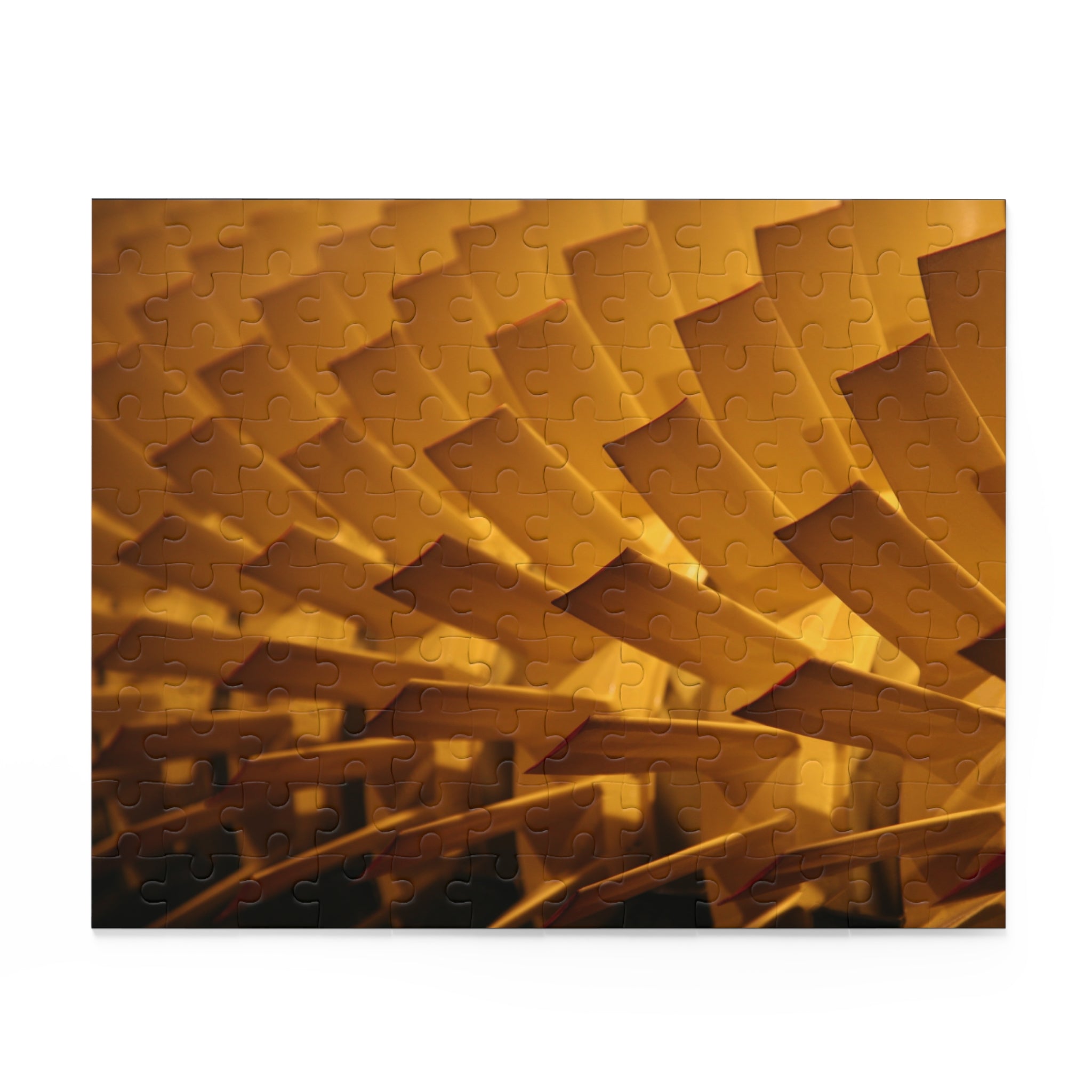 Gold-colored geometric patterned tiles on a white background