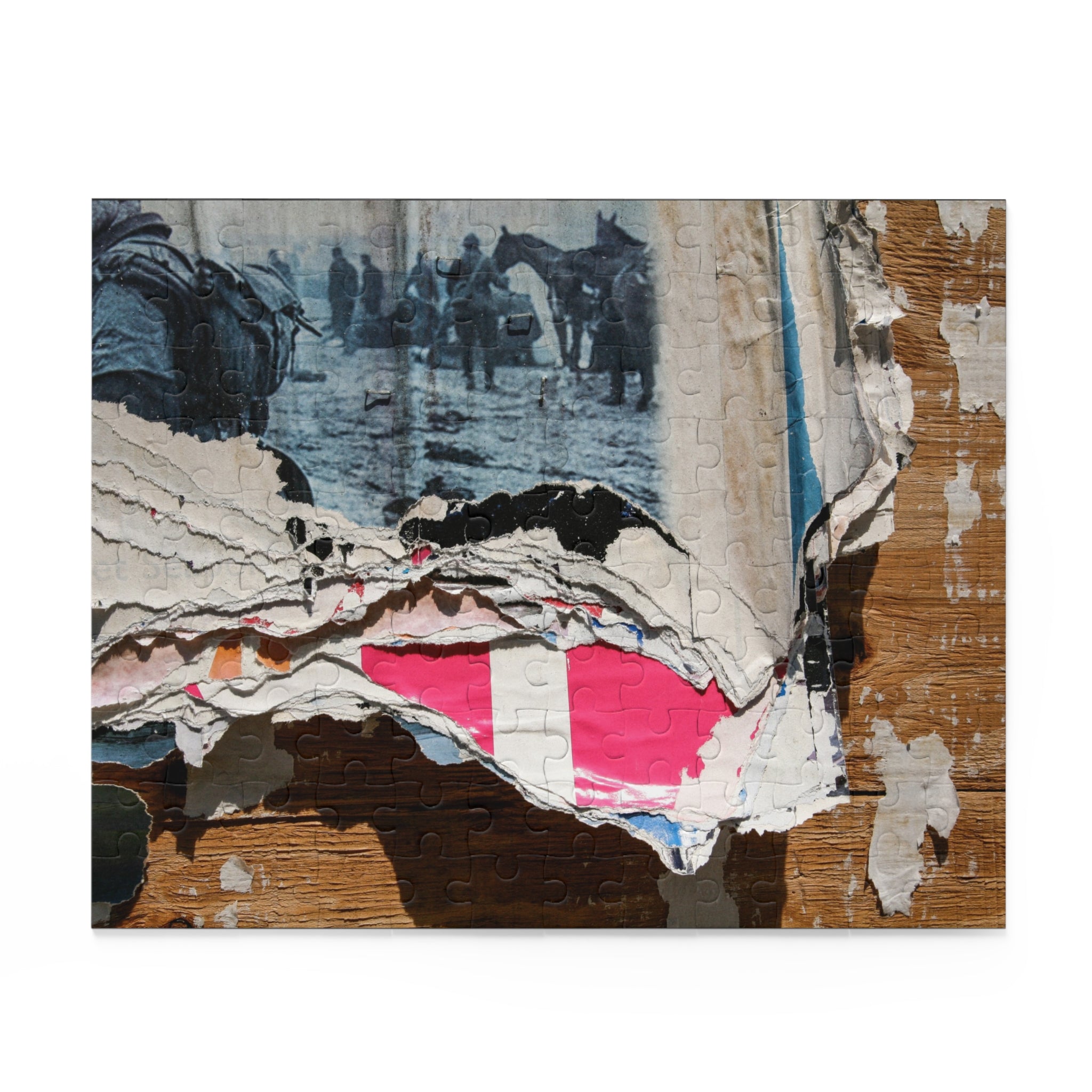 Collage art piece with torn paper and vintage photograph elements on a white background