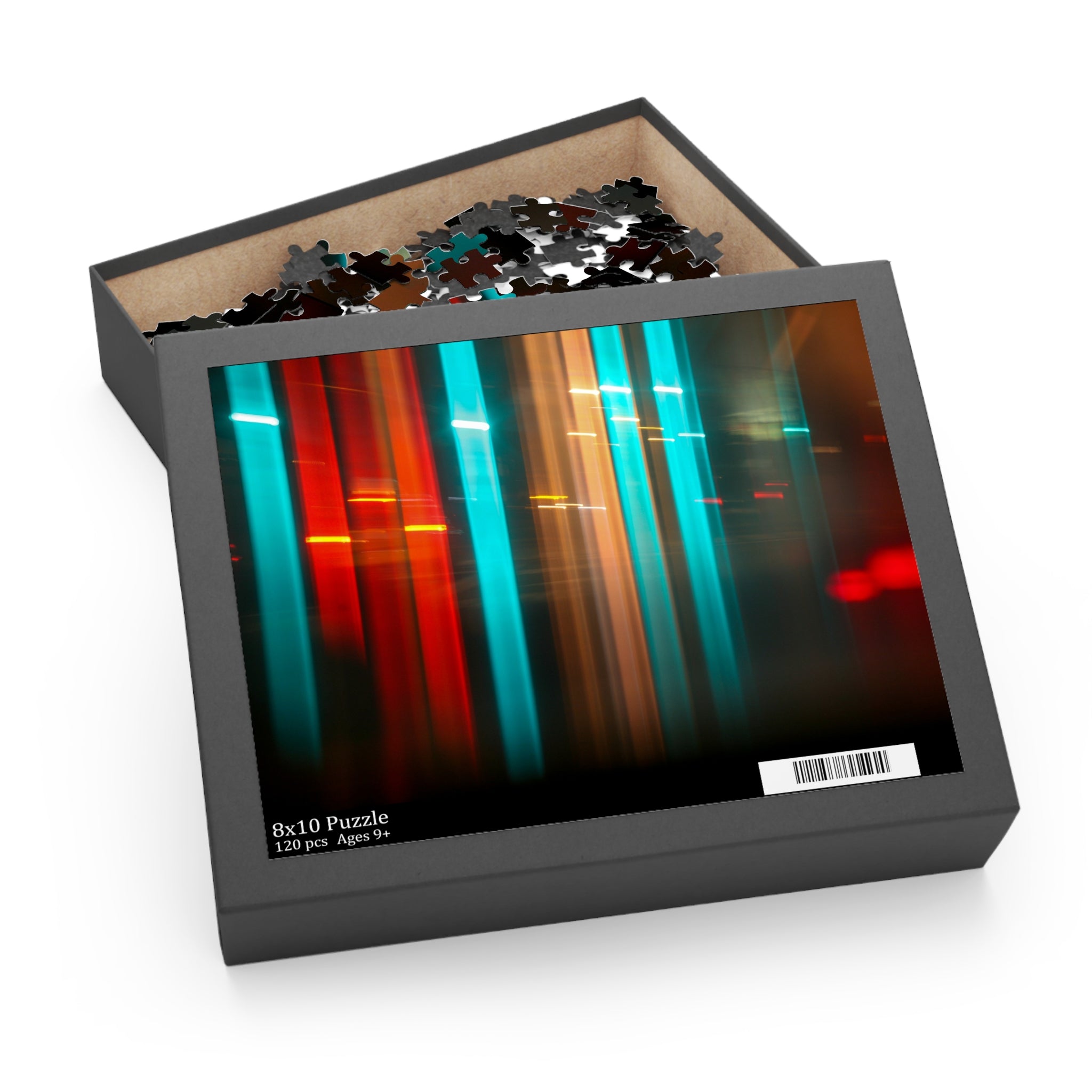 Jigsaw puzzle in a box with colorful design on a white background