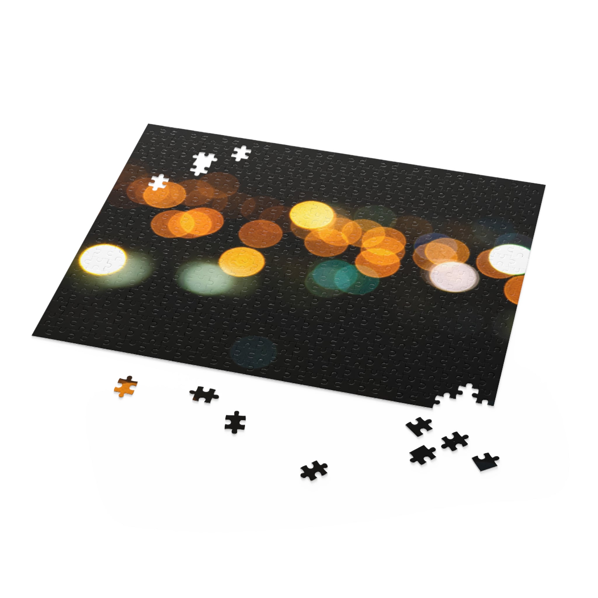 Jigsaw puzzle with blurred lights design on a white background