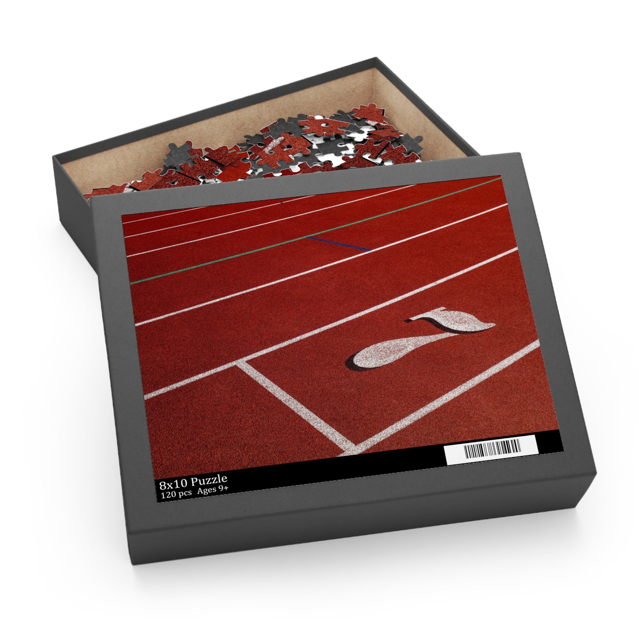 Puzzle box with a red track and field design on a white background