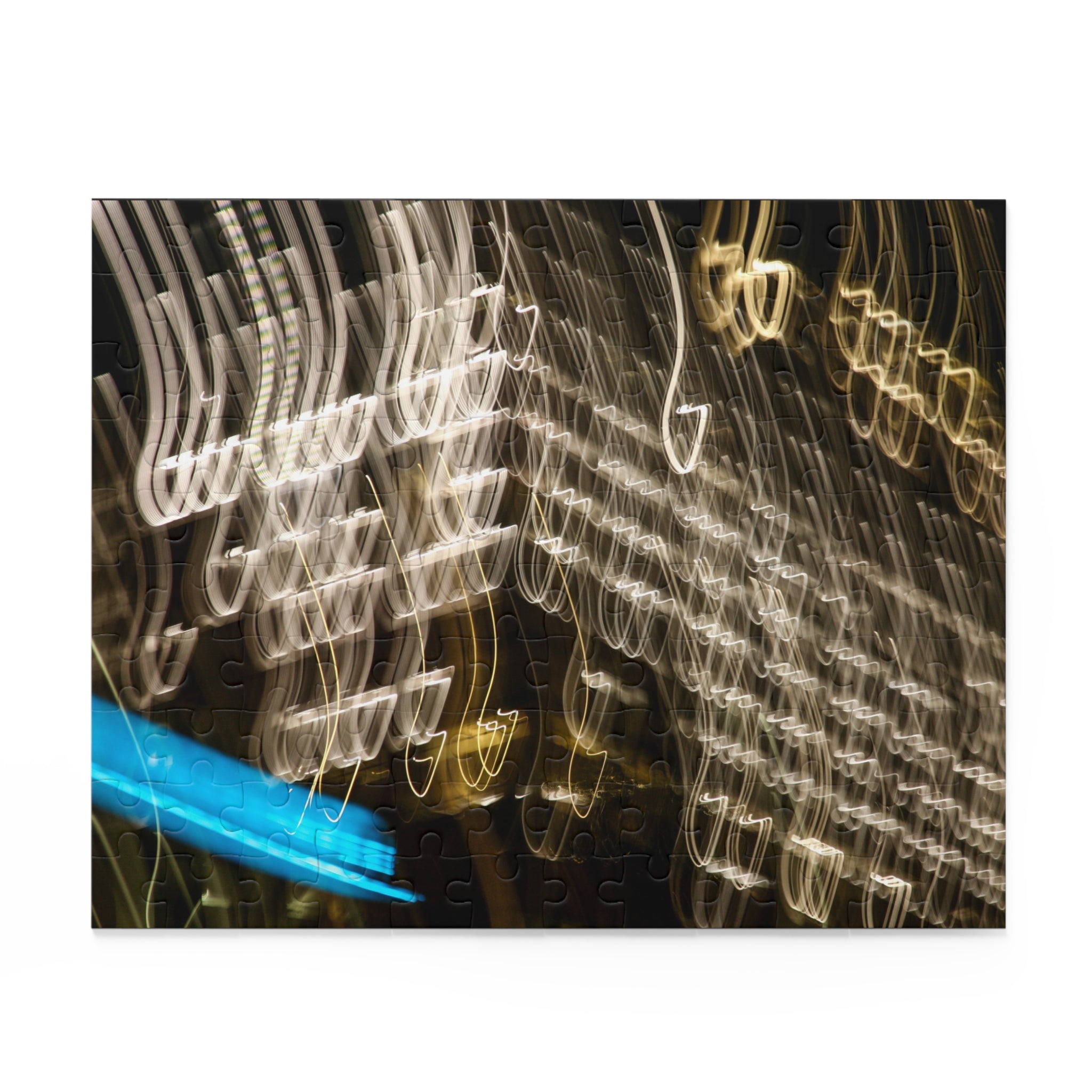 Neon signs with abstract shapes and patterns on a dark background