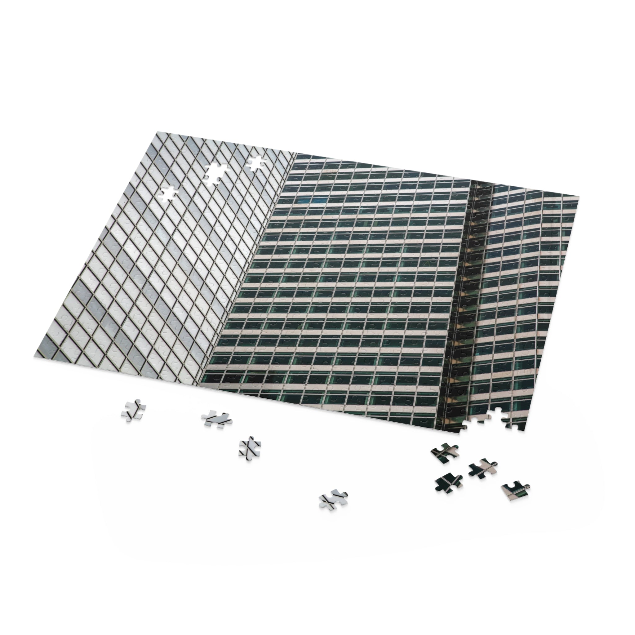 Puzzle with completed pieces of a modern building on a white background
