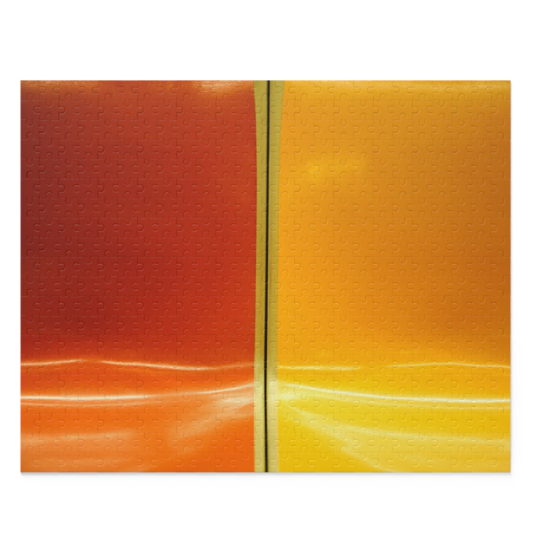 Two-tone red and orange abstract painting on a white background