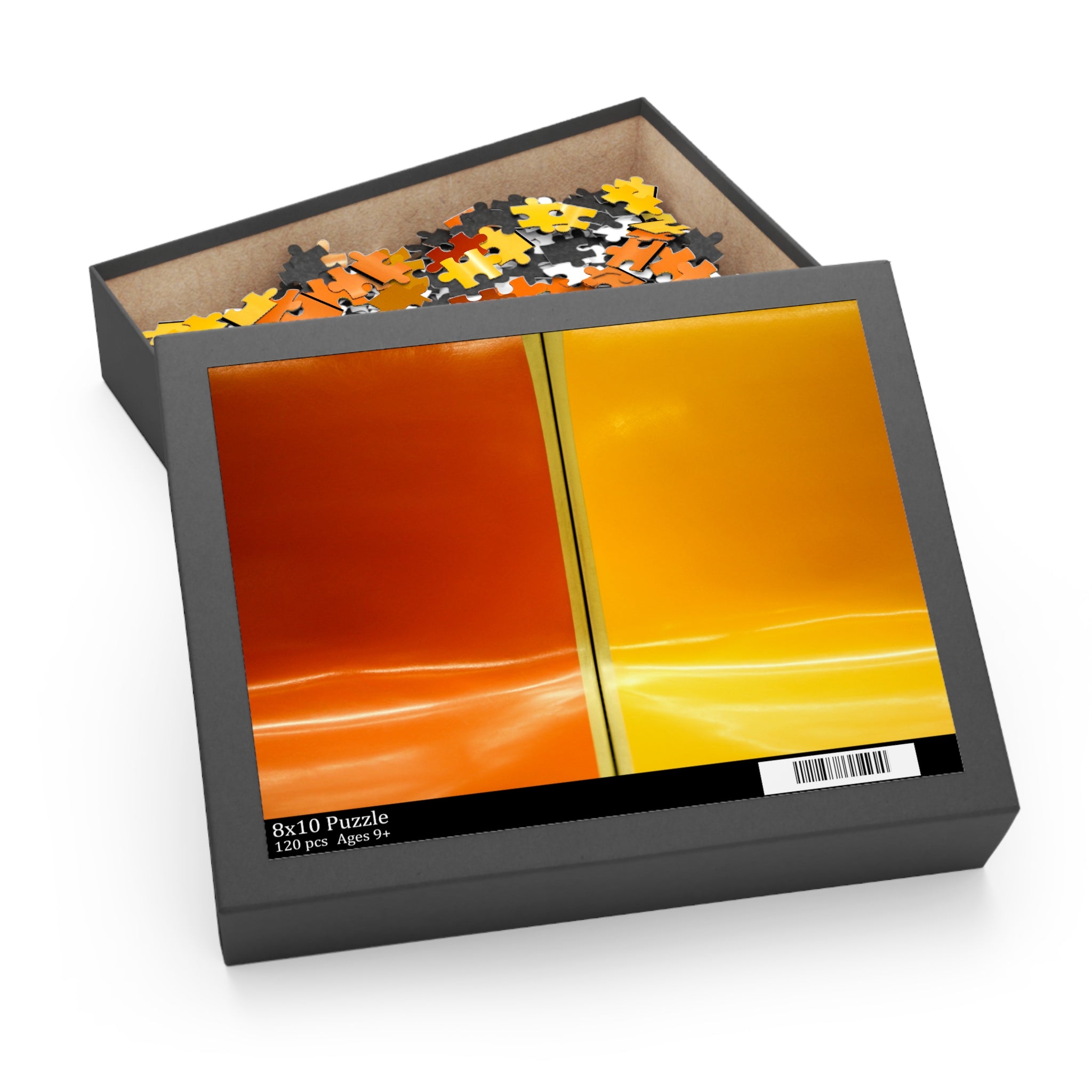 Puzzle box with a partially completed puzzle on top, featuring orange and yellow abstract design.