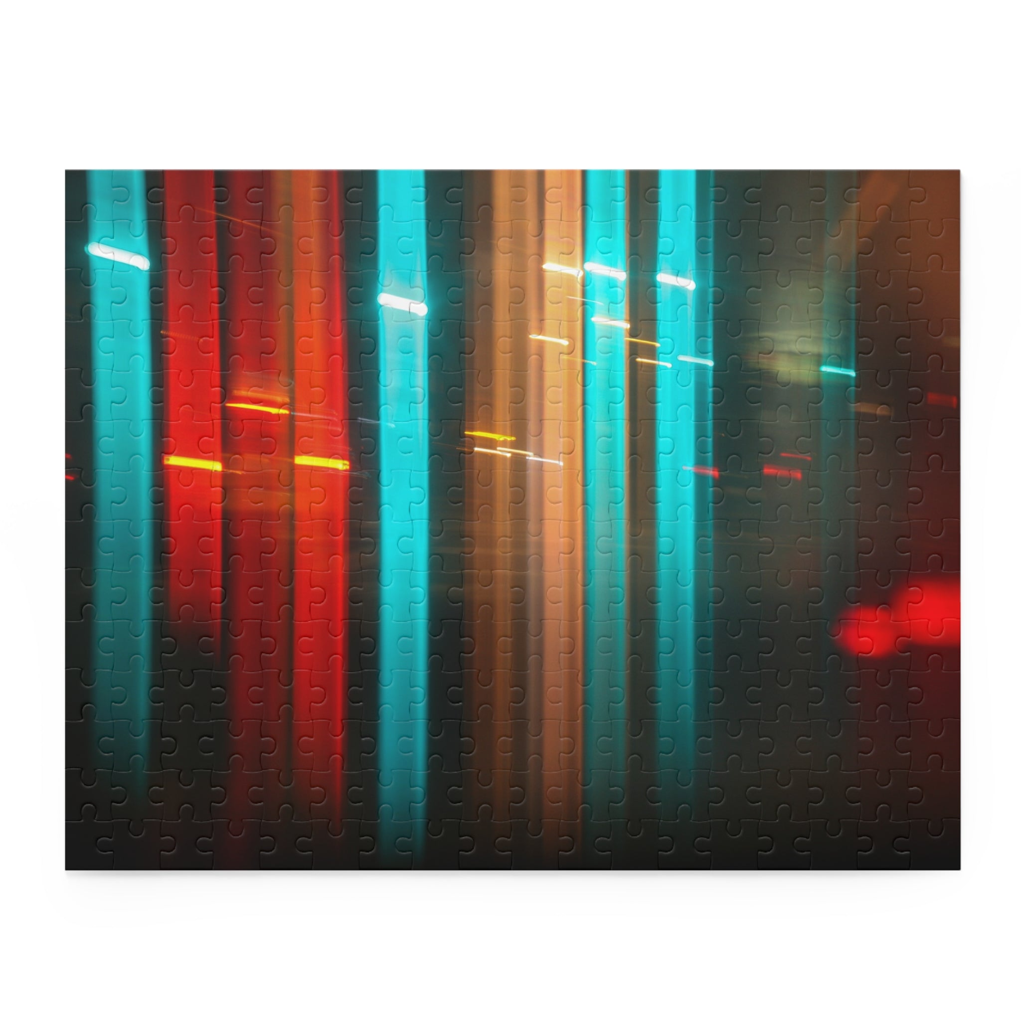 Abstract pattern with vertical stripes in red, blue, and green on a textured surface.