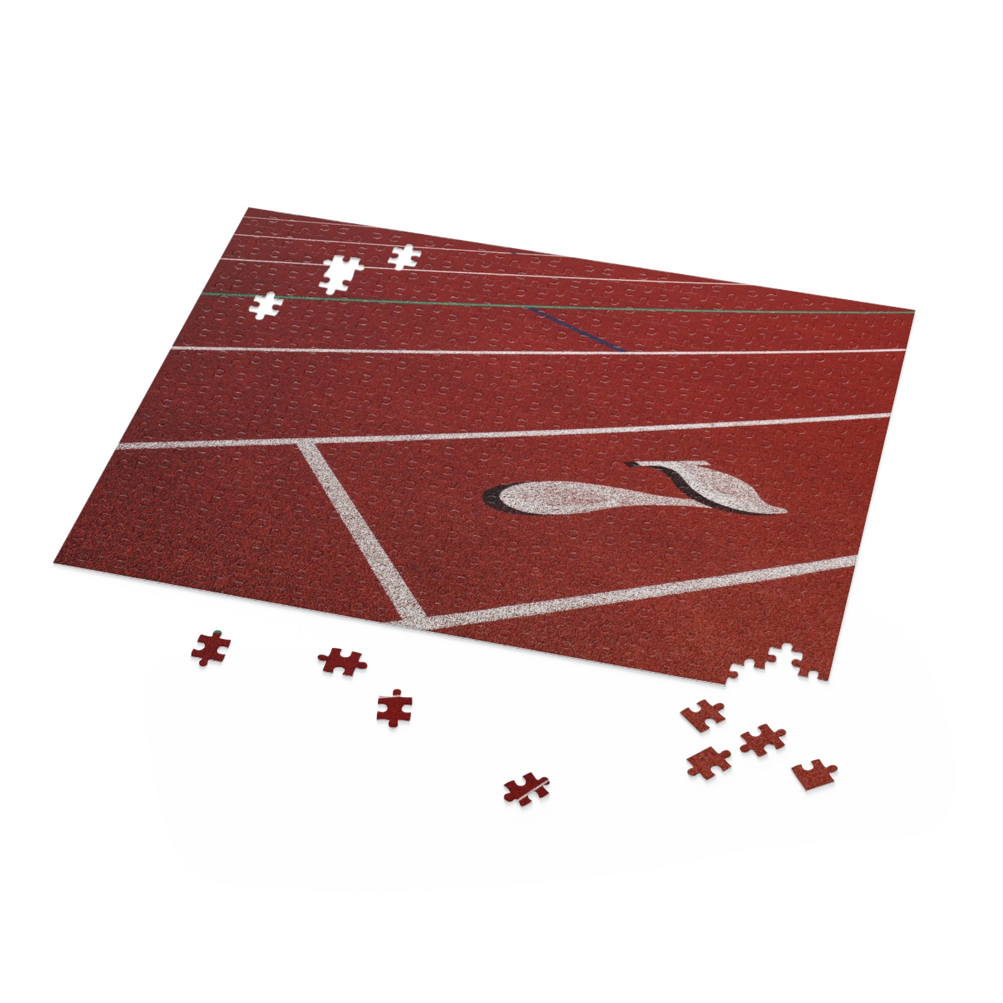 Jigsaw puzzle with pieces on a track and field design
