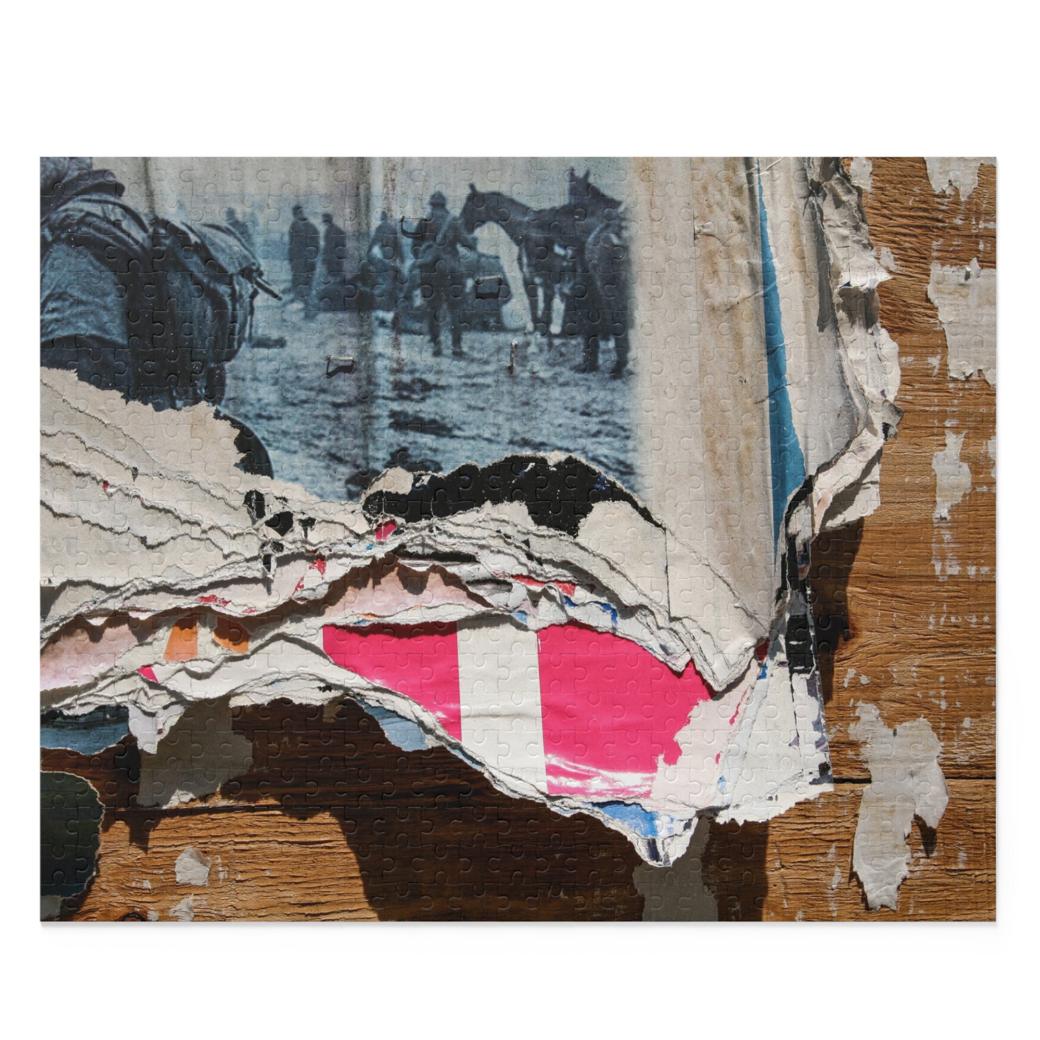 Collage of torn newspaper pieces with a pink square and horse-drawn carriage image.