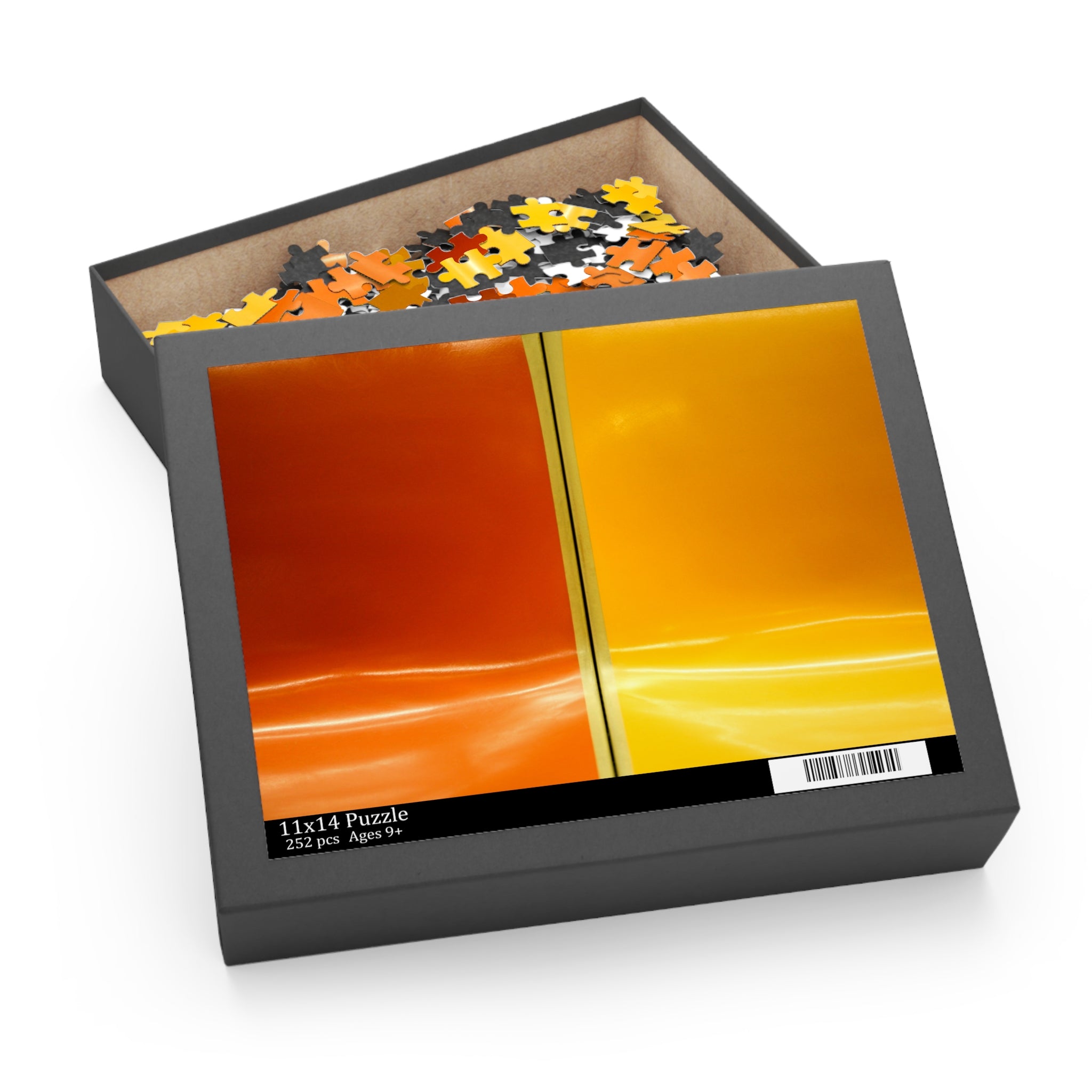 Jigsaw puzzle in a box with colorful pieces on a white background