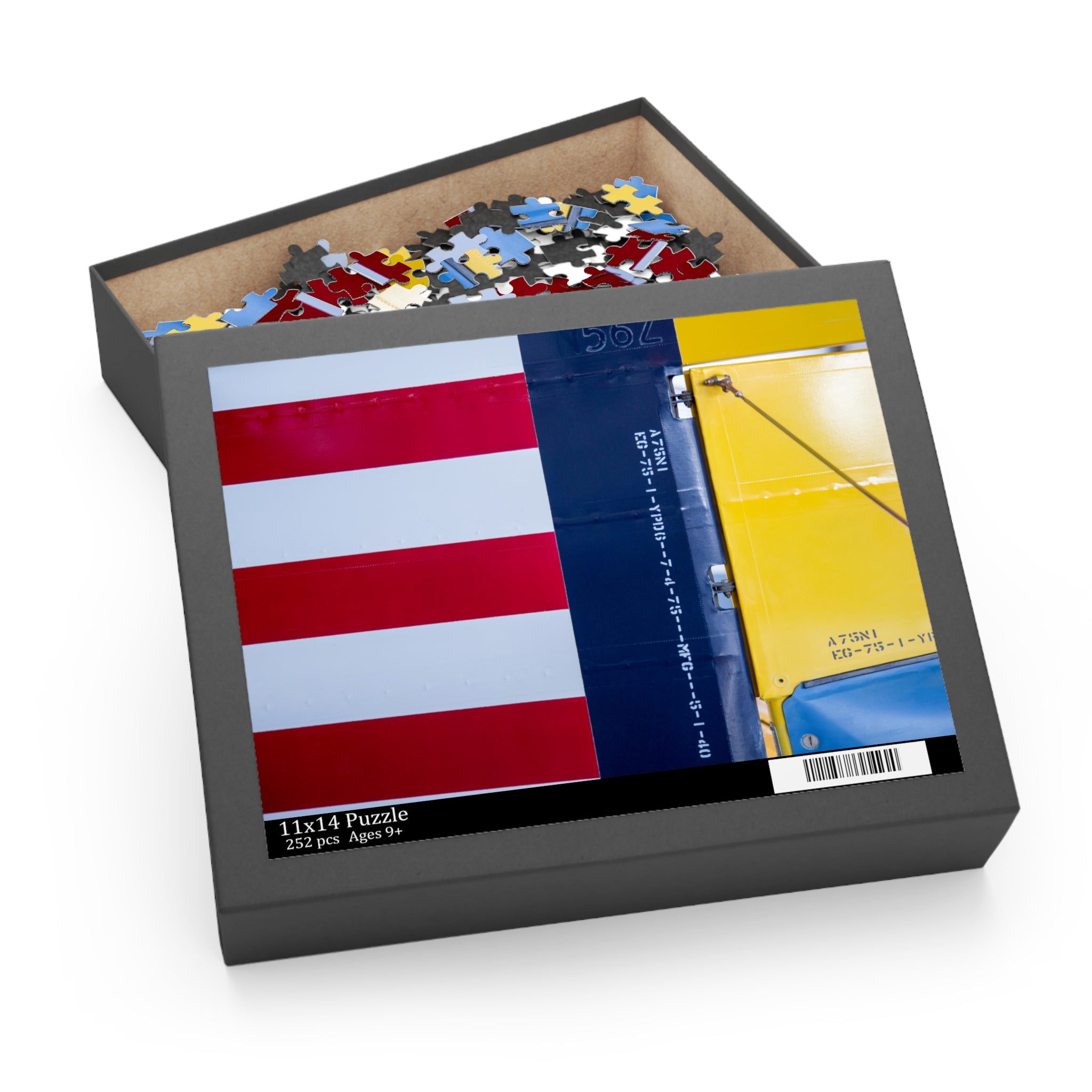 Jigsaw puzzle box with a partially completed puzzle on top, featuring a colorful design.