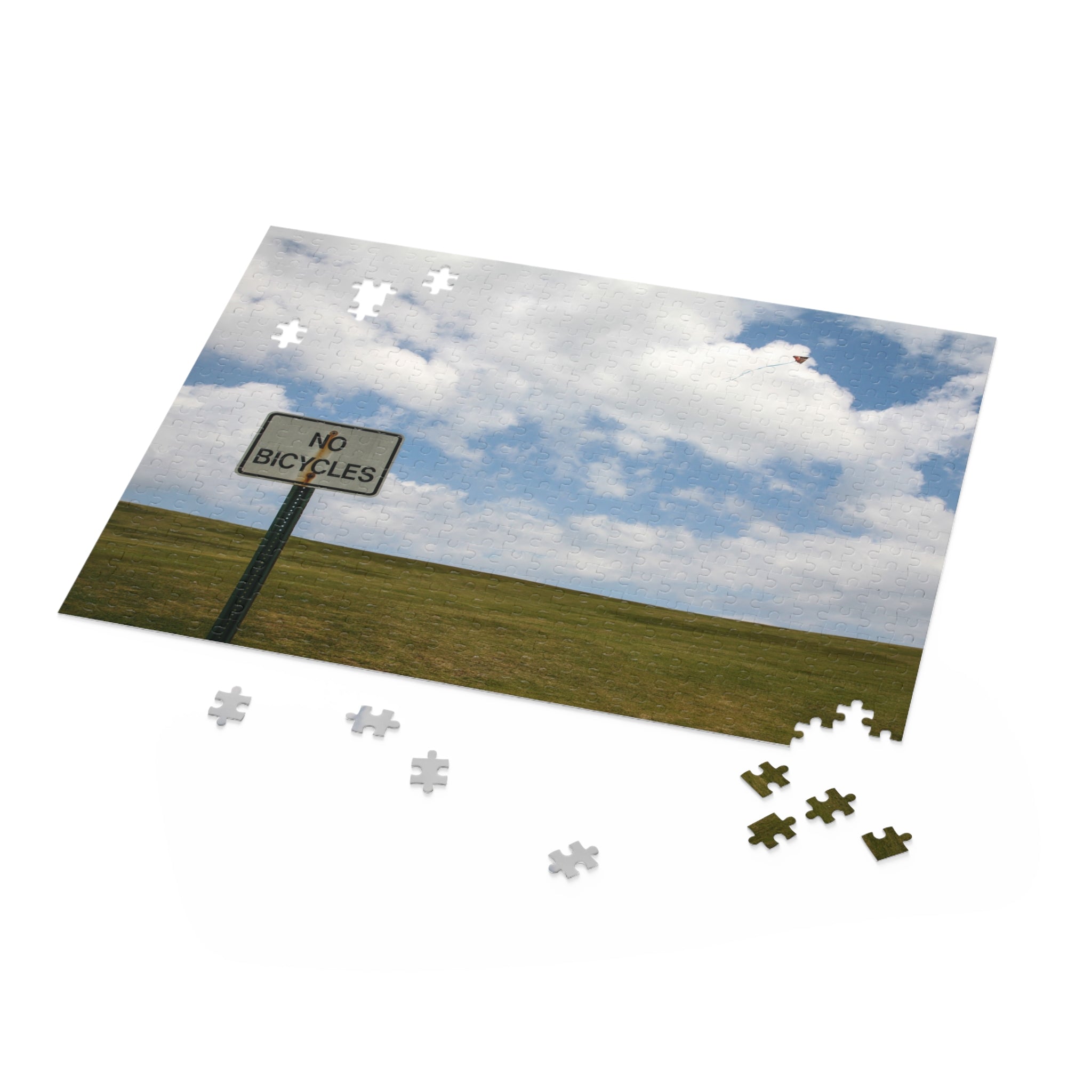 Jigsaw puzzle with a 'No Bicycles' sign and open field design
