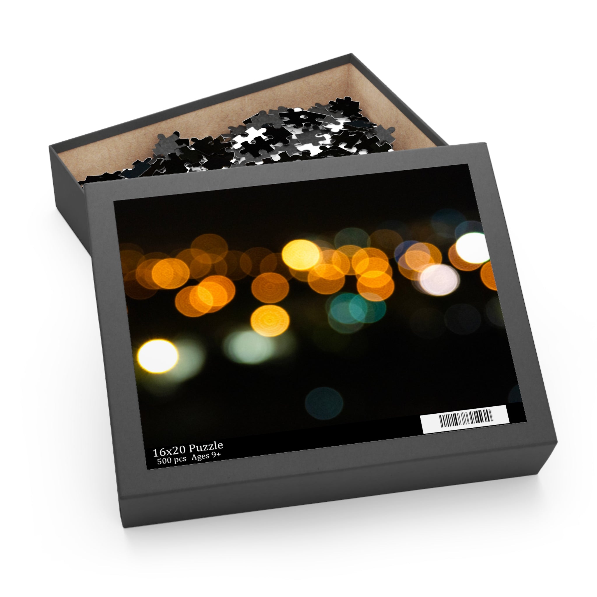 Jigsaw puzzle in a box with a blurred lights design on the cover