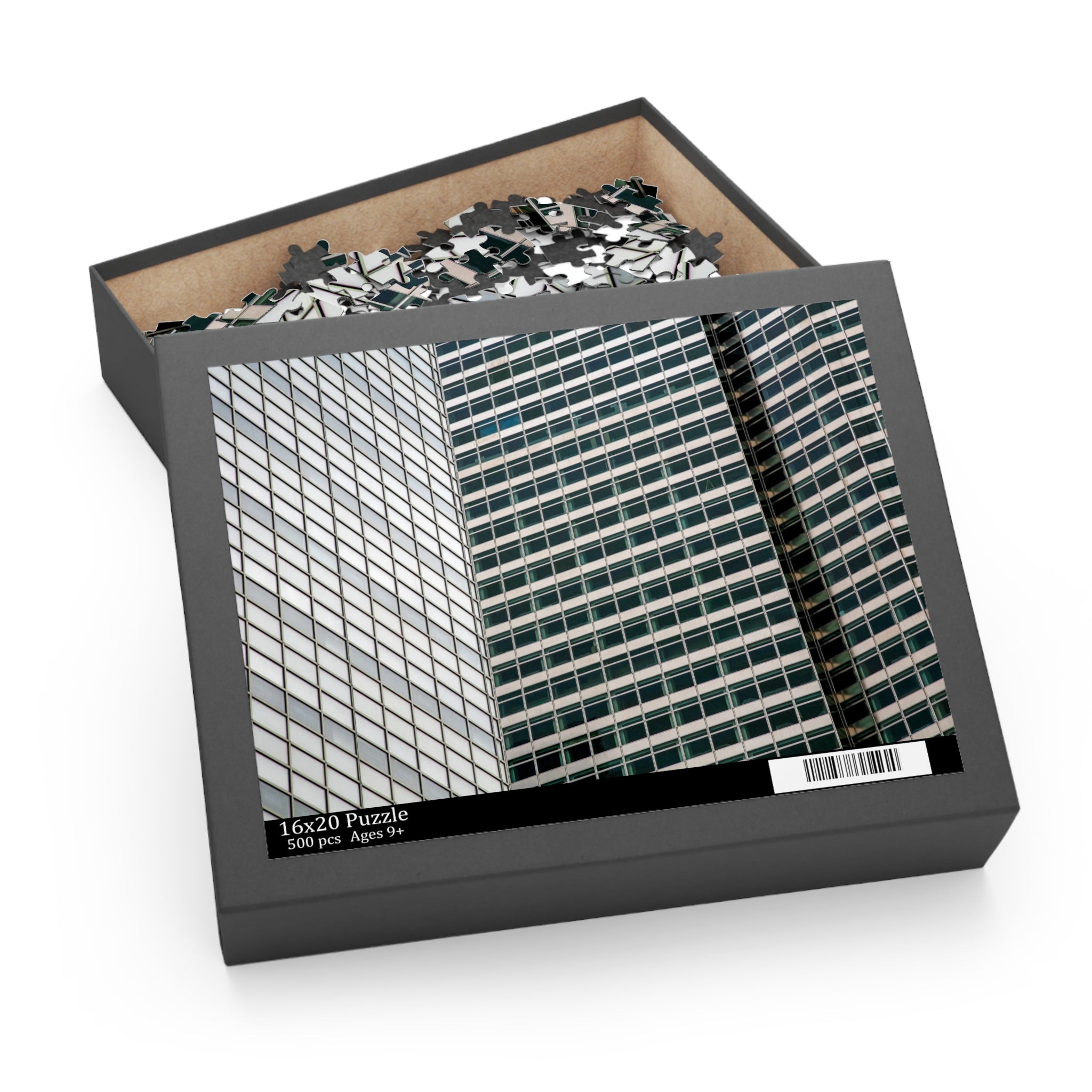 Puzzle box with a partially completed puzzle featuring a cityscape.