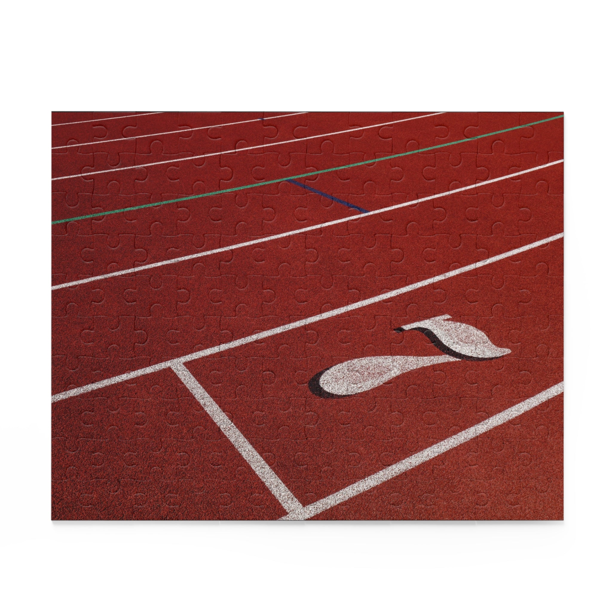 Close-up of a red track with white lane lines and a white shoe print on a white background