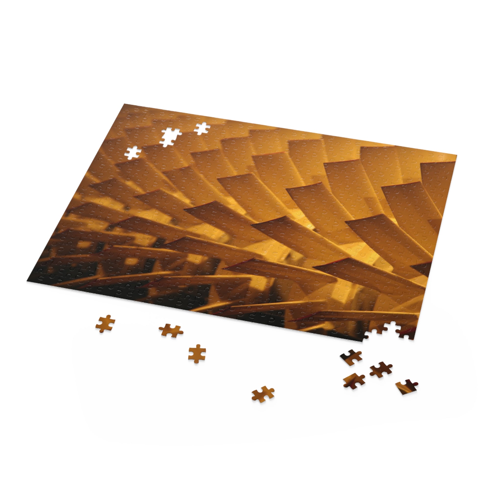 Wooden puzzle with geometric design on a white background